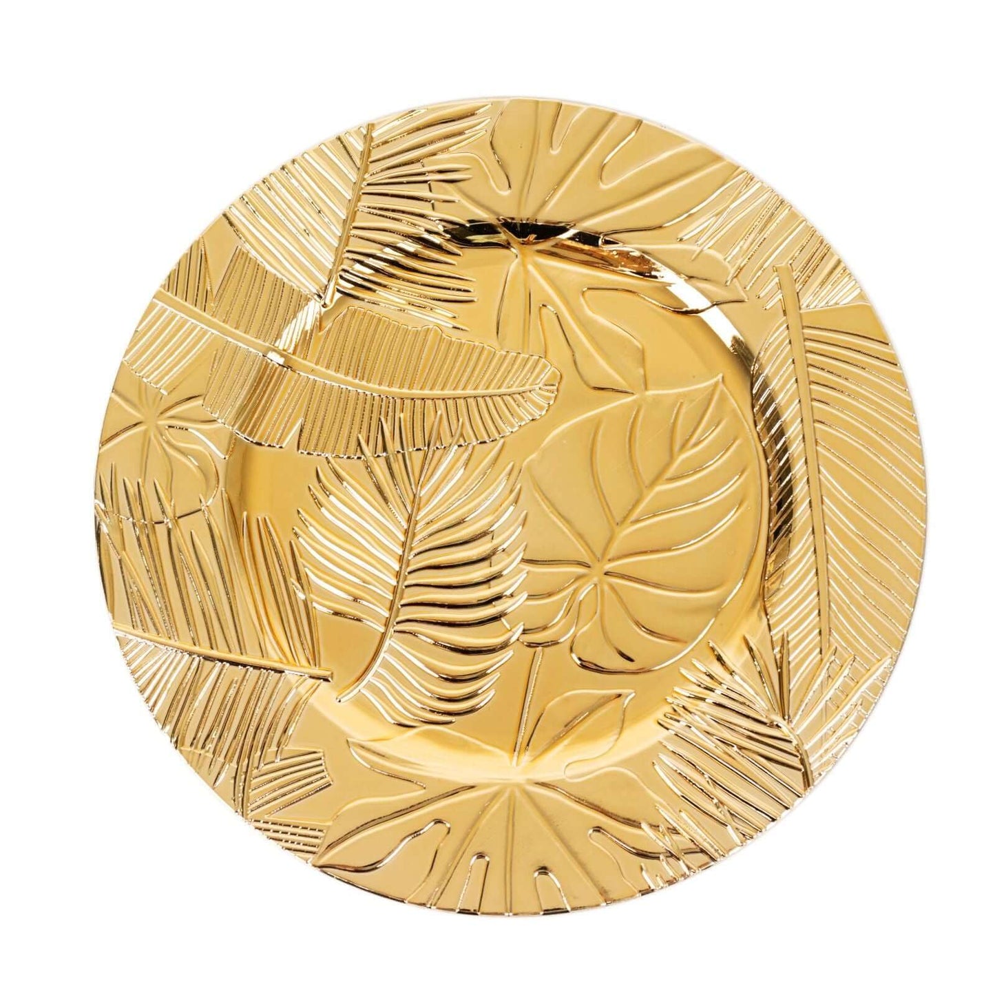 6-Pack Acrylic Round Charger Plates 13" in Metallic Gold with Embossed Tropical Leaves, Decorative Dinner Charger Tableware