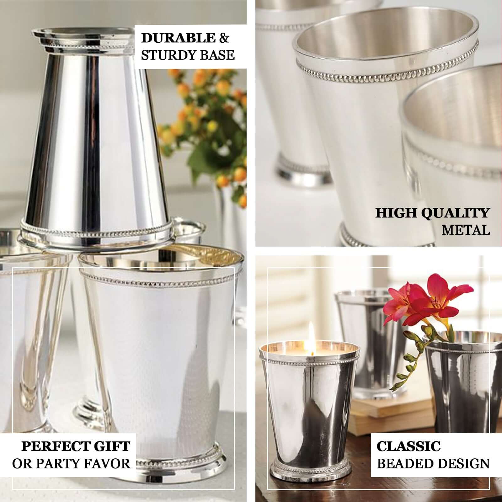Mint Julep Cup Vase Stainless Steel Silver - Perfect for Flower Arrangements and Event Decor 4.5" - Linen Luxes