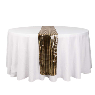 Mirror Foil Polyester 12"x108" Table Runner Black with Gold Metallic Square - Shiny Disco Theme Party Table Decor