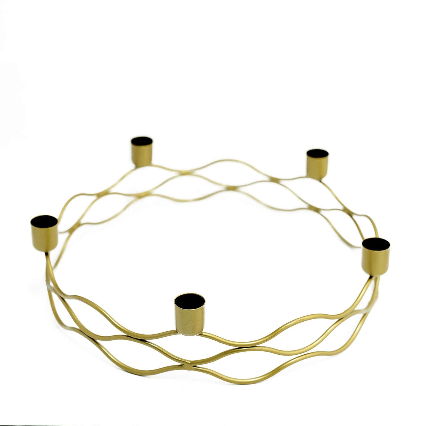 Round Wreath Taper Candelabra 5 Arm Gold Metal Decorative Centerpiece - Tabletop Candle Holder 12"