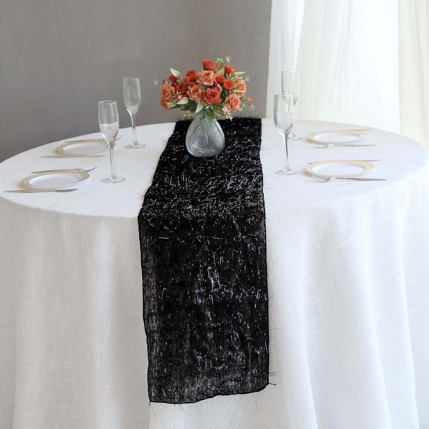 Metallic Tinsel Polyester 12"x108" Table Runner Black - Shimmery Fringe Shag Table Decor