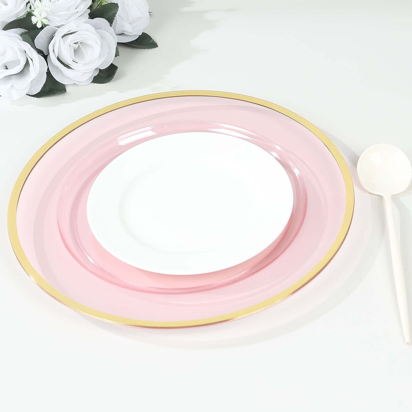 10-Pack Economy Plastic Round Charger Plates 12" in Transparent Blush with Wide Gold Rim, Decorative Dinner Party Serving Plates