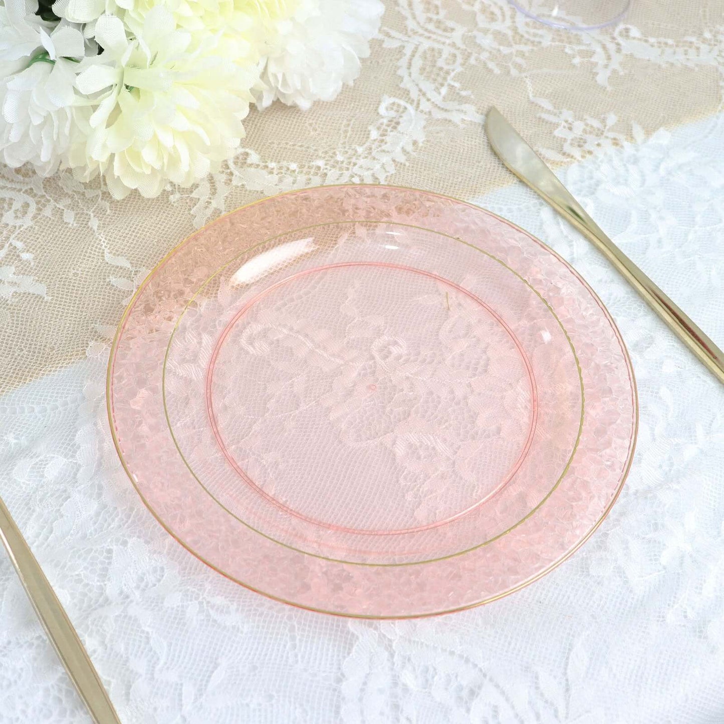 10-Pack Plastic 7.5" Round Appetizer Plates in Blush Hammered Design with Gold Rim - Disposable Salad Plates for Chic Banquets & Special Occasions