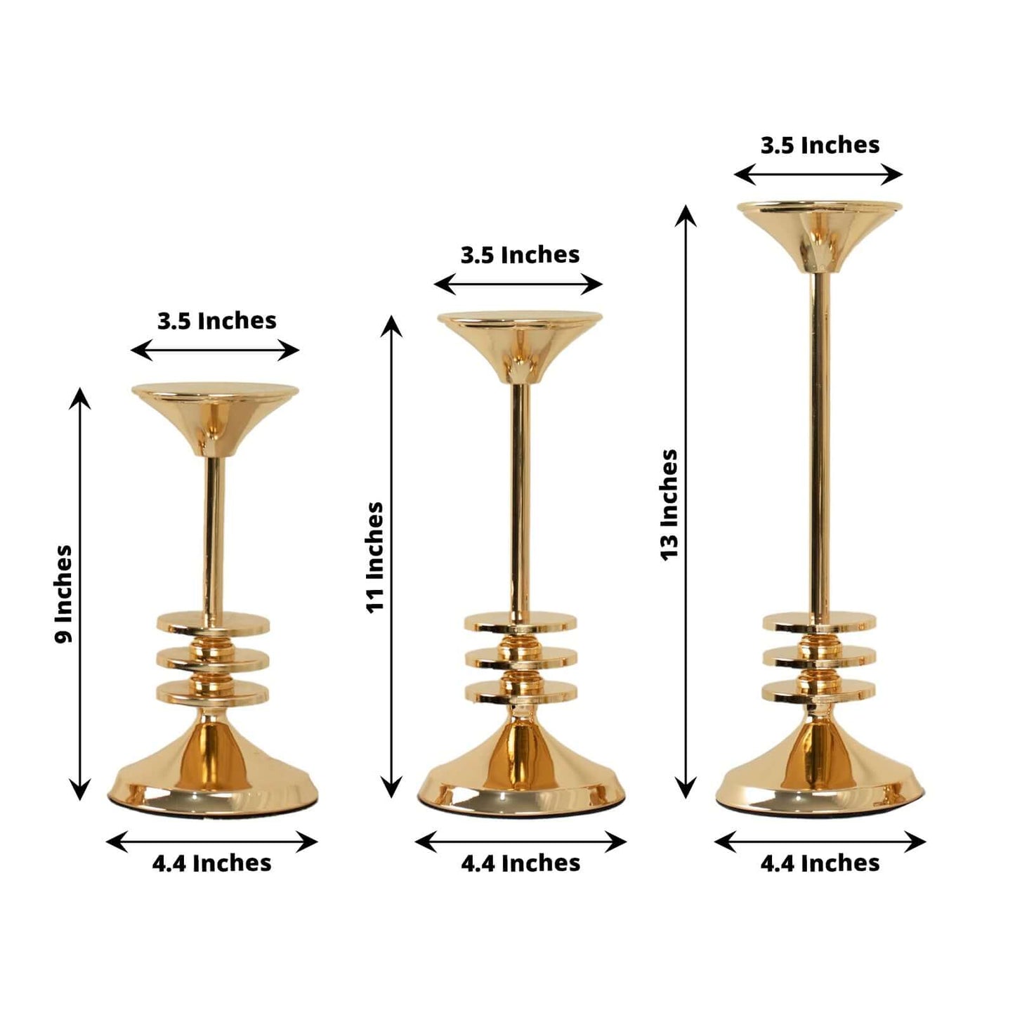 Set of 3 Taper Candlestick Holders Gold Metal with 3 Disk Pedestal Design - Decorative Centerpieces 9", 11", 13"