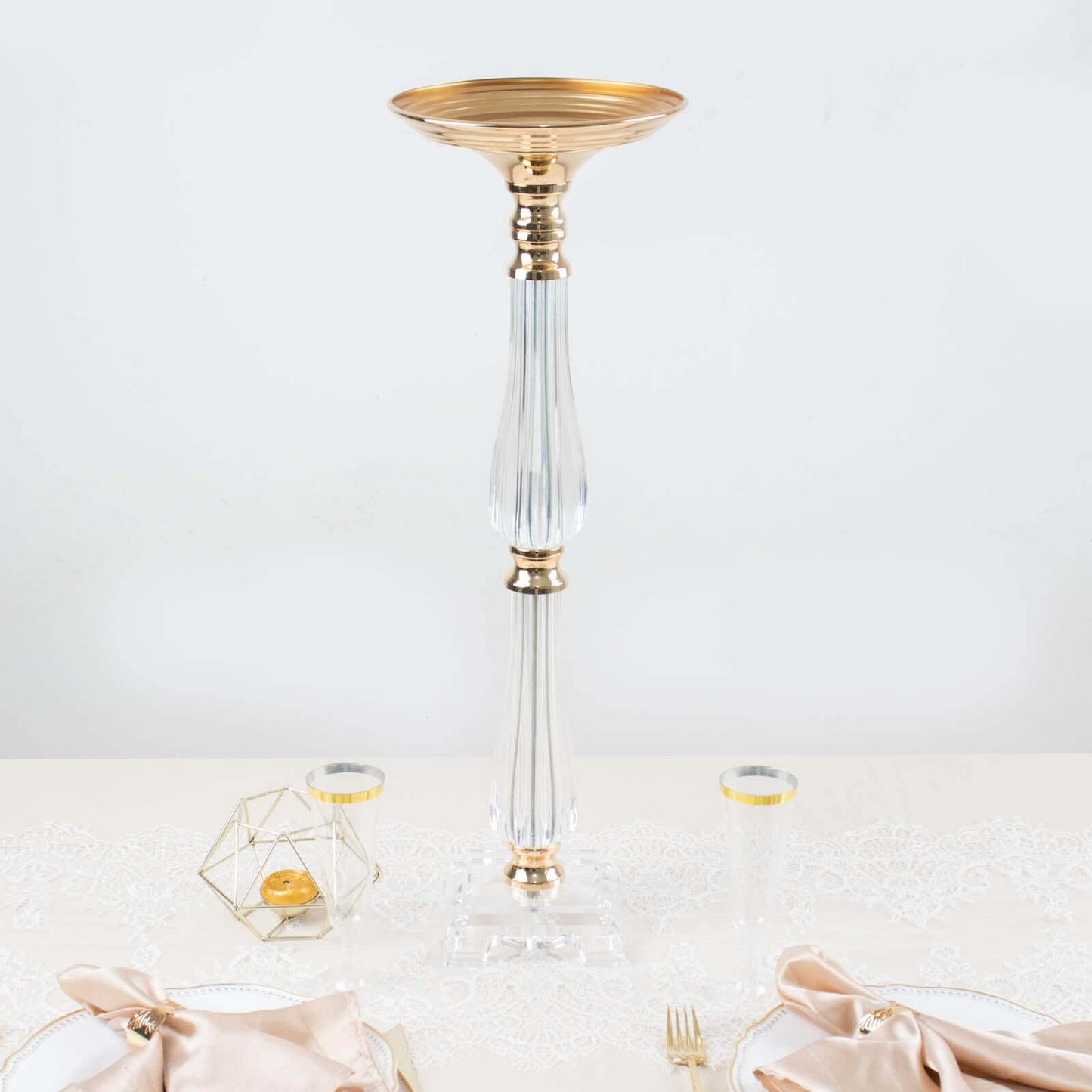 Acrylic Crystal Pillar Candle Stand Gold/Clear - Table Centerpiece and Wedding Flower Bowl Pedestal 24"