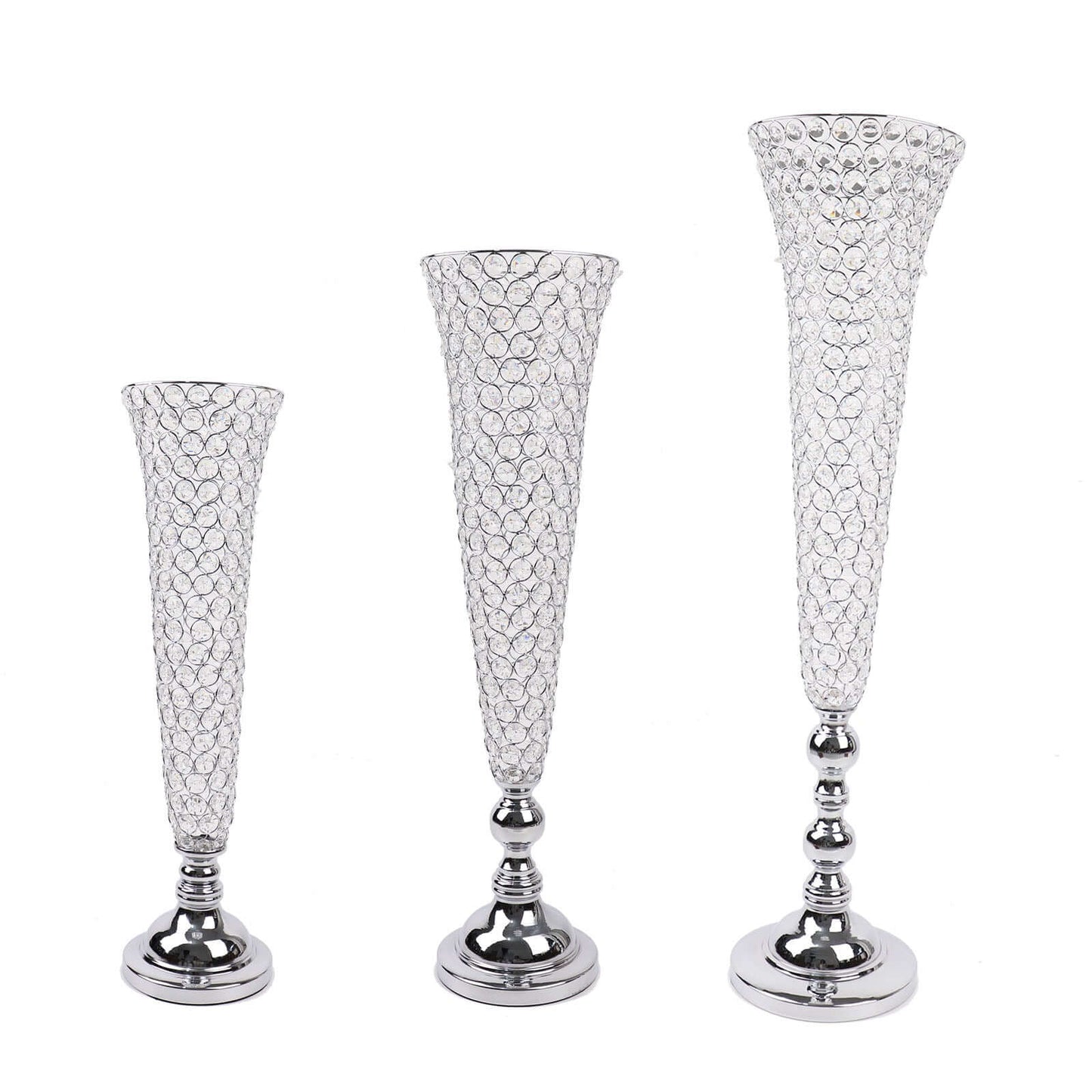 2-Pack Crystal Beaded Trumpet Vase Set Silver - Table Centerpiece for Grand Occasions 40"