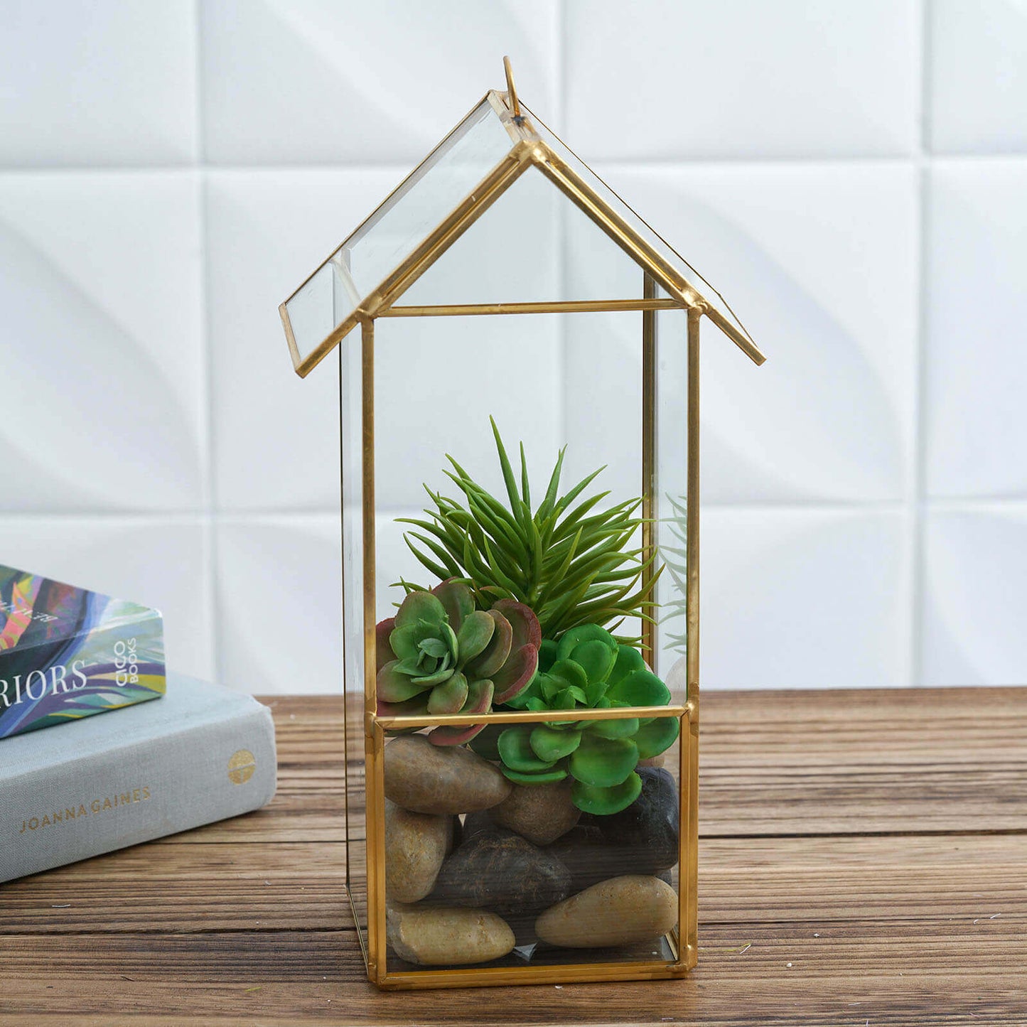 Glass Terrarium Hanging House Lantern Design Metal Gold - Versatile Holder for Air Plants & Displays 11"