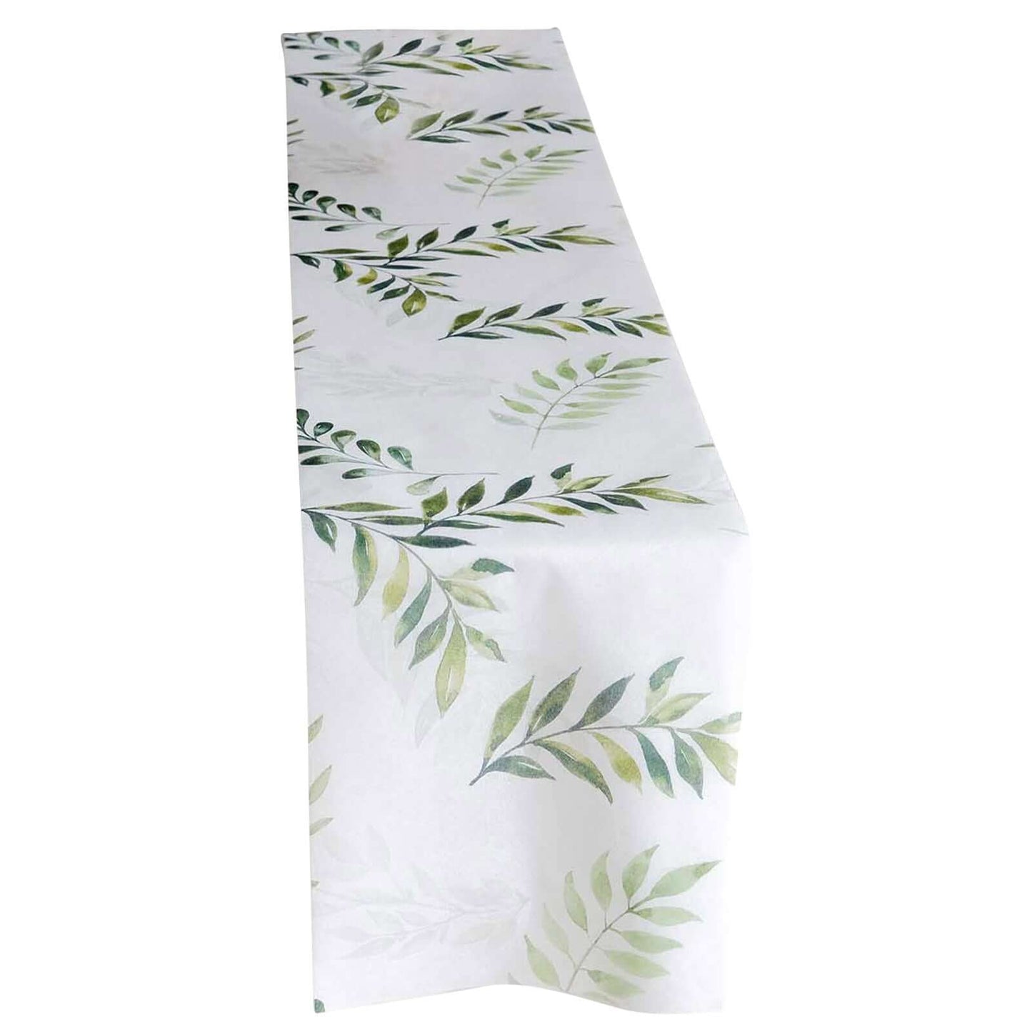 Disposable Table Runner 11"x108" White with Green Olive Leaves Print - Non-woven Stylish Spring Summer Dining Decor