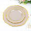 10-Pack Plastic 8" Round Dessert Plates in Taupe with Gold Scalloped Rim - Disposable Appetizer/Salad Plates