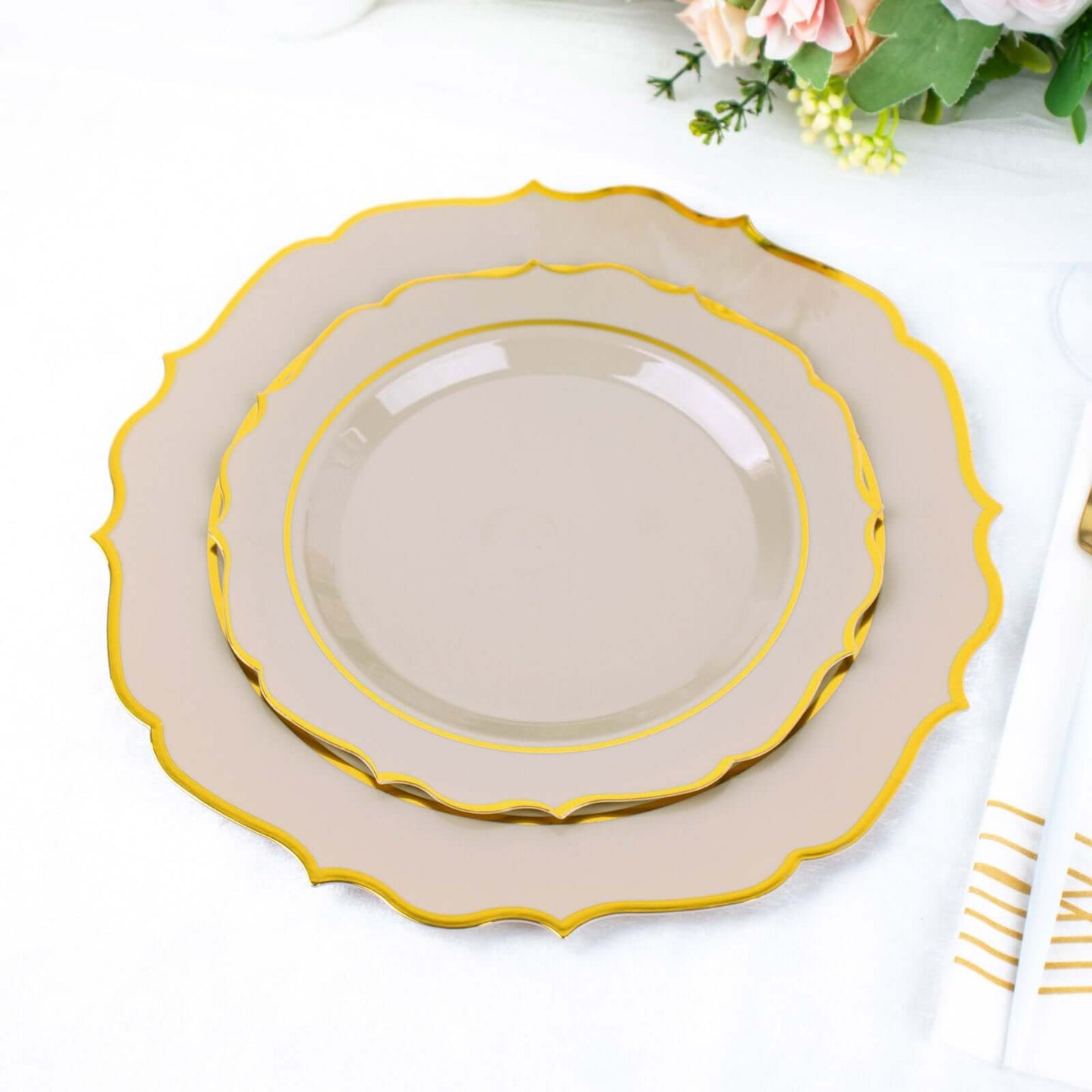 10-Pack Plastic 8" Round Dessert Plates in Taupe with Gold Scalloped Rim - Disposable Appetizer/Salad Plates