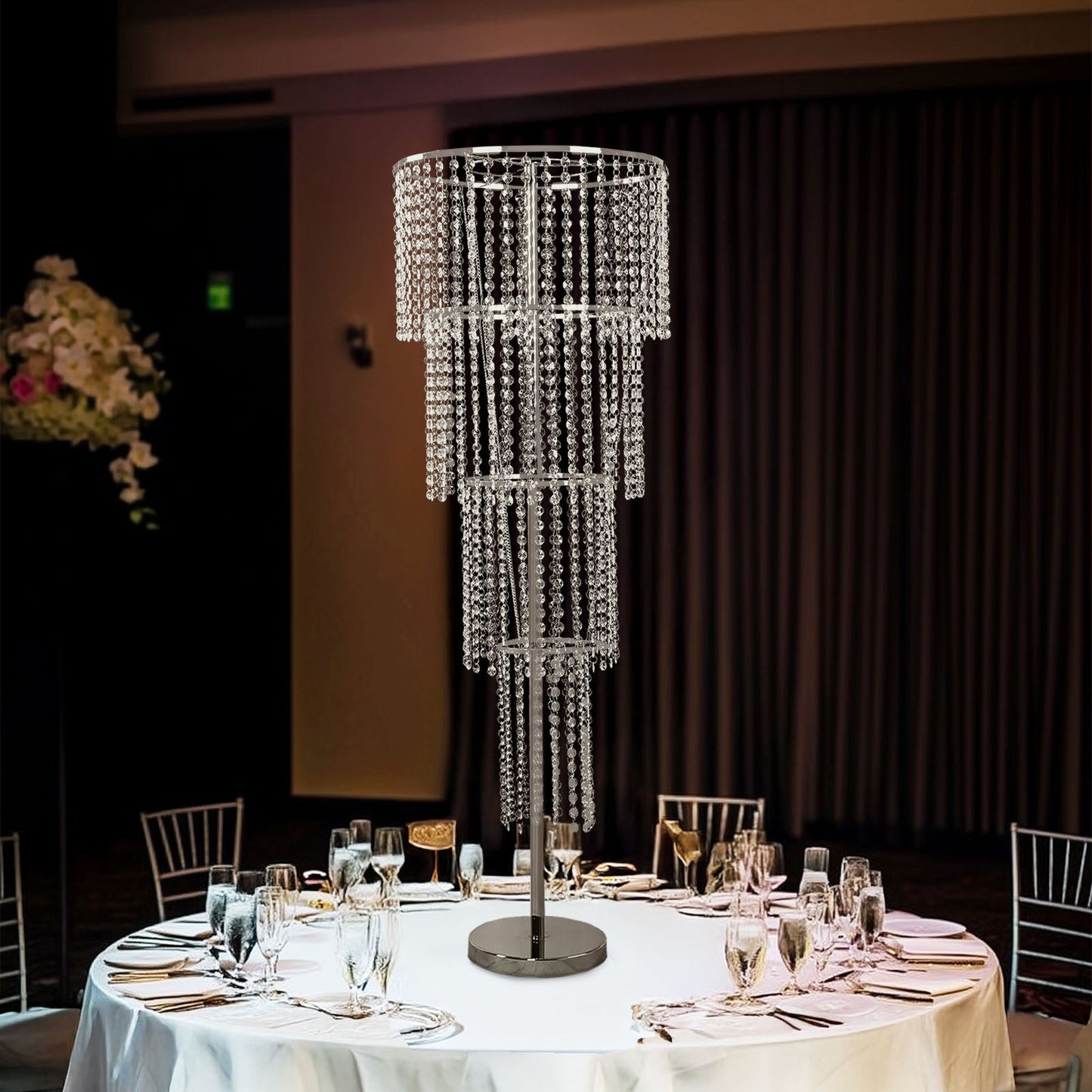 4ft Tall Event Centerpiece in Acrylic Clear Beaded Chandelier for Elegant Wedding & Party Table Decor, 4-Tier Round Metal Floral Stand