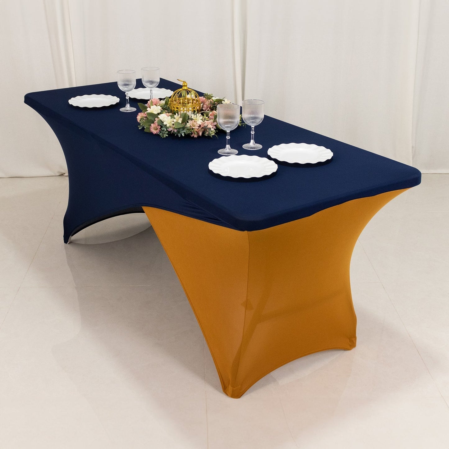 Stretch Spandex 72"x30" Rectangle Table Cover Navy Blue/Gold Cross Over Design - Two-Piece Fitted Tablecloth with Elastic Foot Pockets