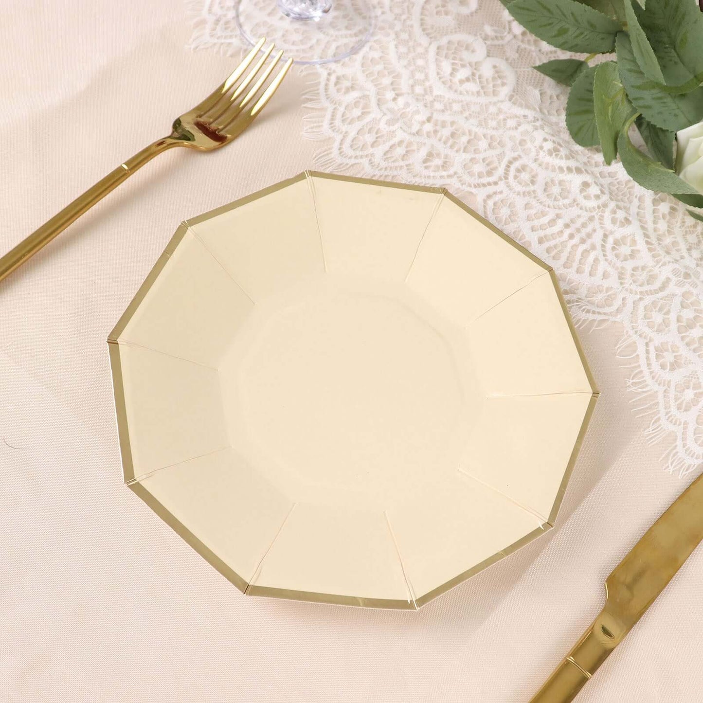 25-Pack Paper 7" Decagon Appetizer Plates in Beige with Gold Foil Rim