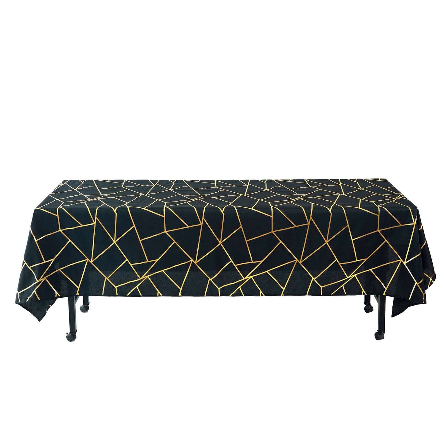 Polyester 60"x102" Rectangle Tablecloth Black with Gold Foil Geometric Pattern - Wrinkle-Resistant & Durable Table Cover