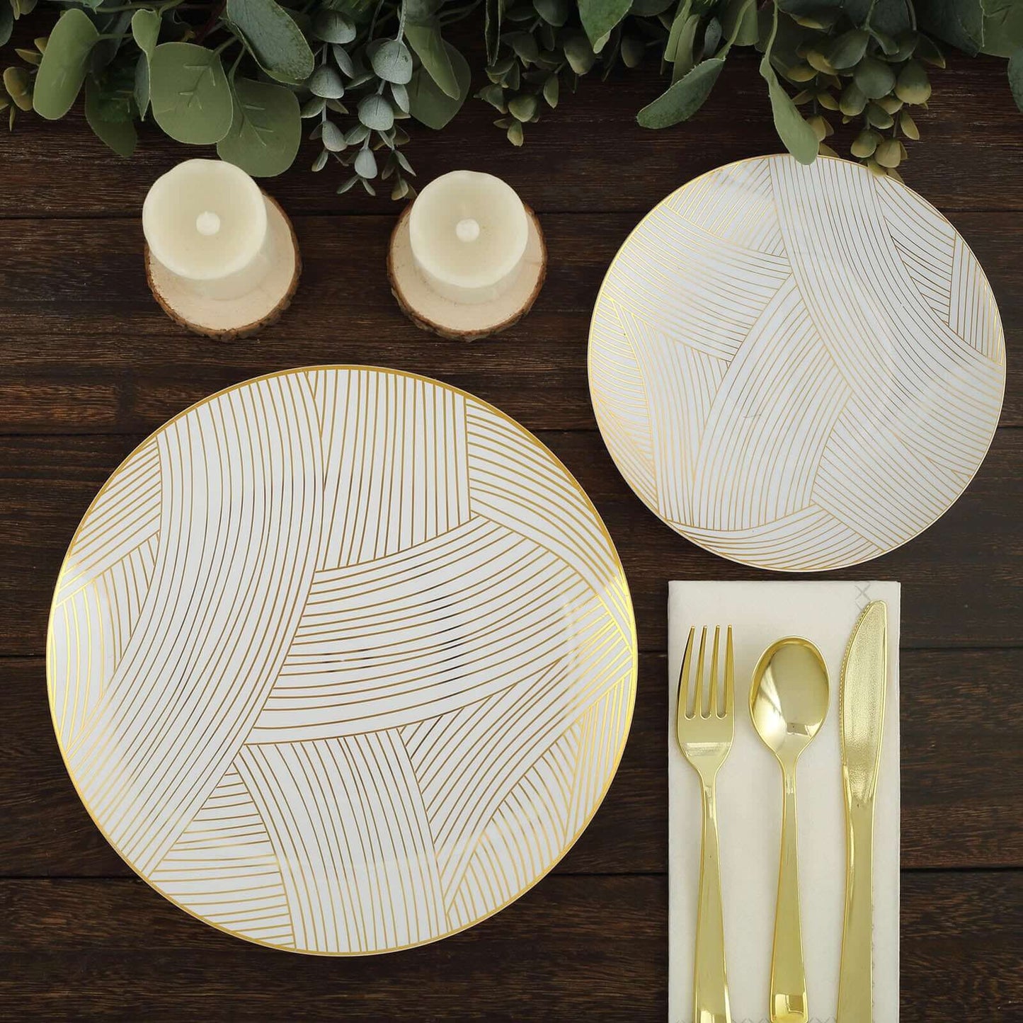 10-Pack Plastic 7" Round Dessert Plates in White with Gold Wave Brush Strokes Pattern - Disposable Appetizer Salad Plates for Modern & Classy Table Decor