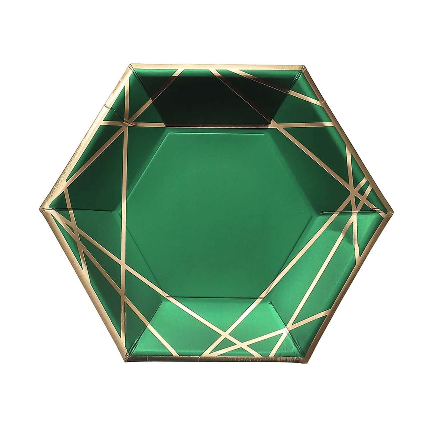 25-Pack Paper 7" Hexagon Dessert Plates in Hunter Emerald Green with Gold Geometric Lines & Rim - Stylish Disposable Geometric 300GSM Appetizer Salad Plates