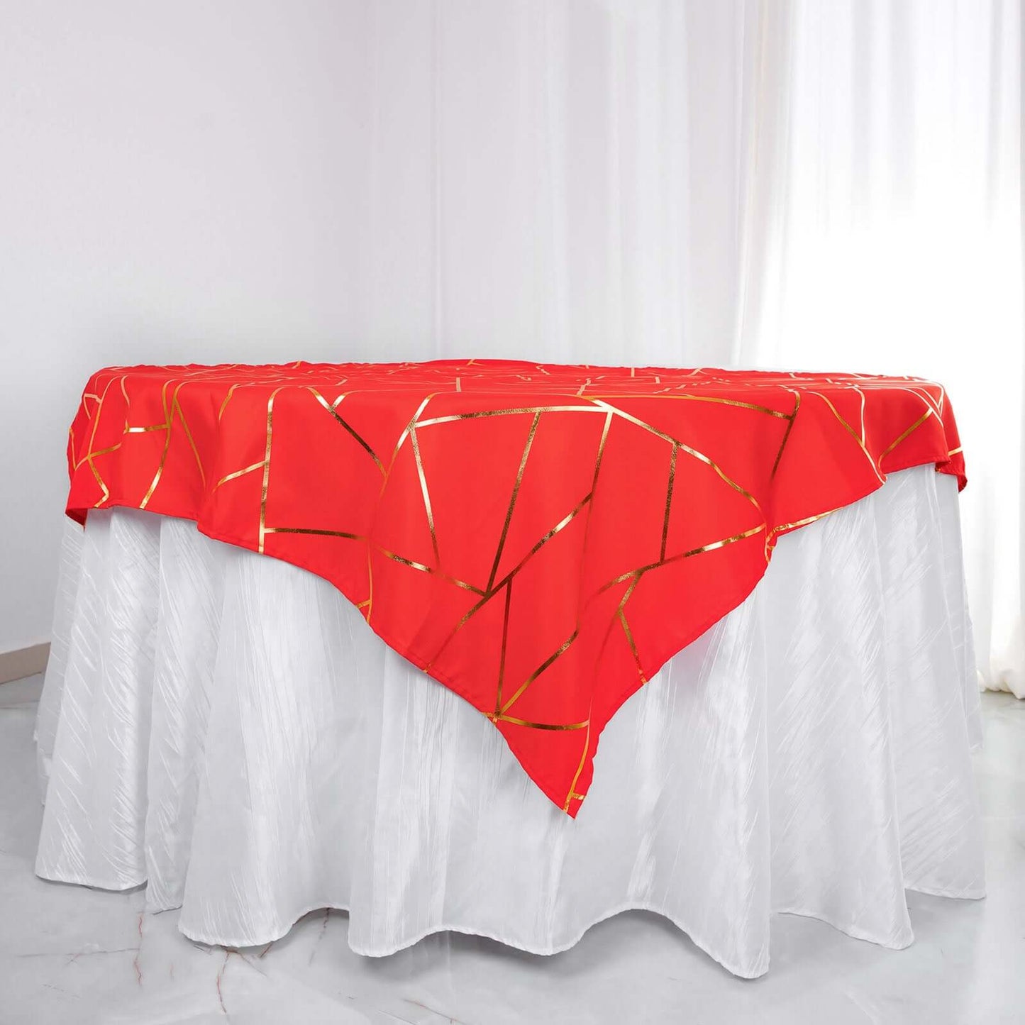 Polyester 54"x54" Table Overlay Square Tablecloth Red with Gold Foil Geometric Pattern - Wrinkle-Resistant & Durable Table Topper