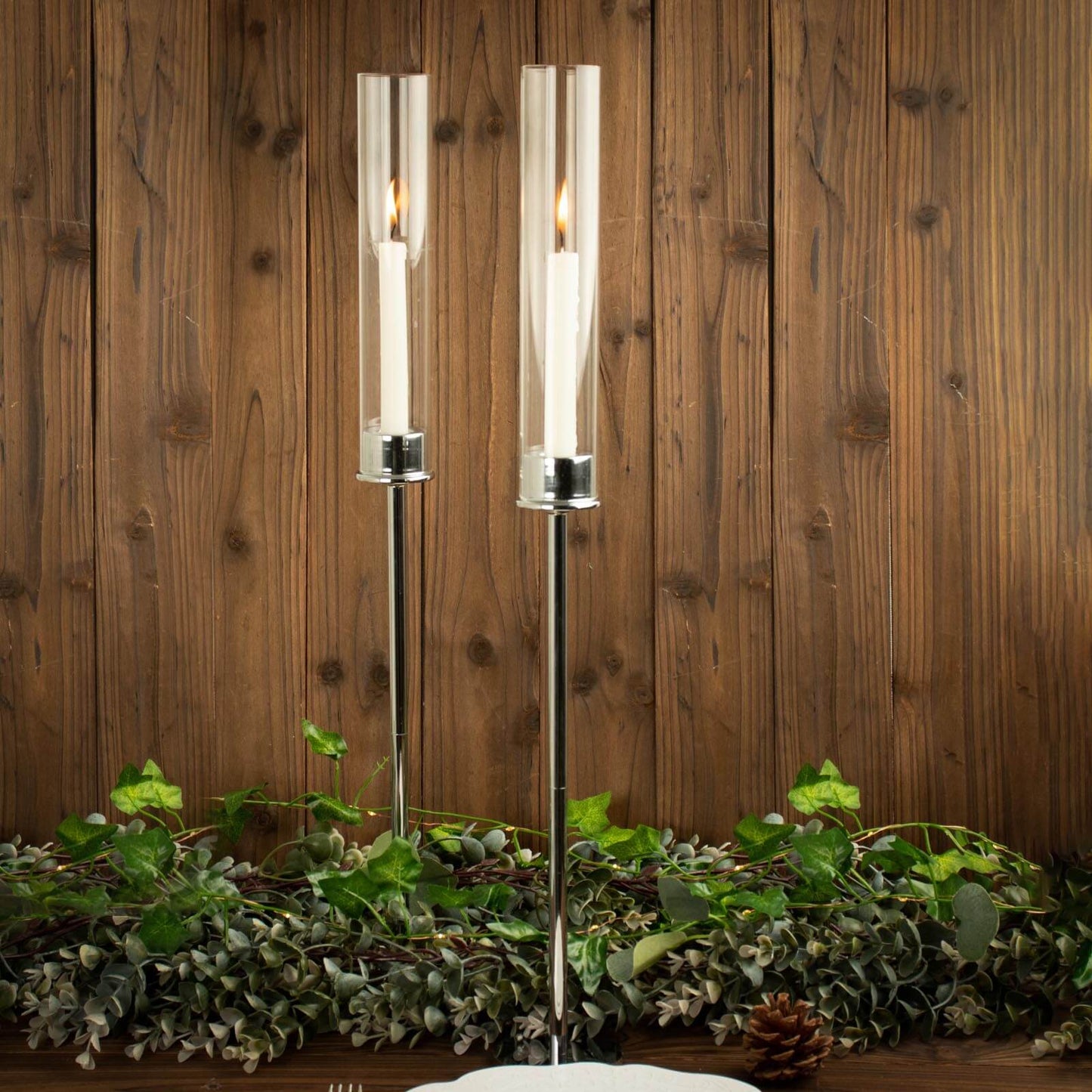 2-Pack Silver Metal Taper Candlestick Holders, Clear Glass Hurricane Candle Stands With Chimney Candle Shades 24"