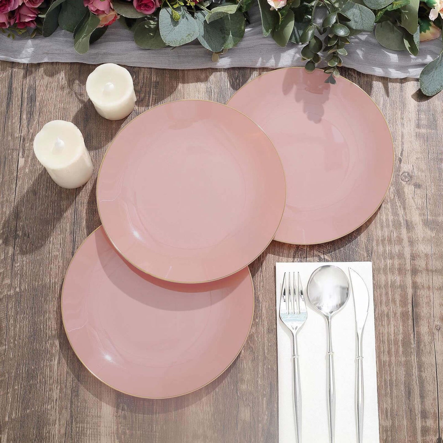 10-Pack Plastic 8" Round Dessert Plates in Dusty Rose with Gold Rim - Glossy Disposable Appetizer Salad Plates