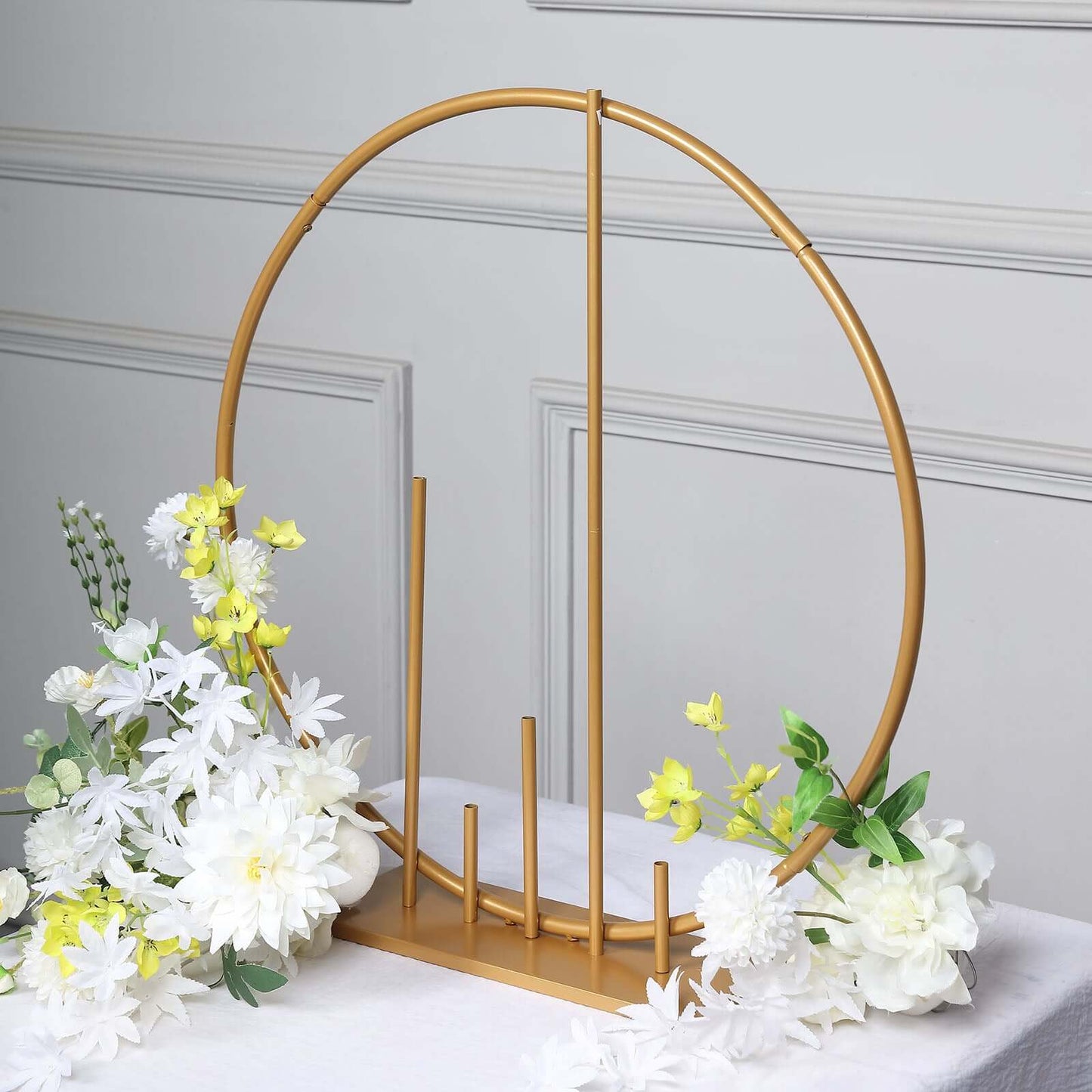 Round Floral Hoop Wedding Centerpiece Metal with Pillars Gold - Self-Standing Balloon Arch for Events 24"