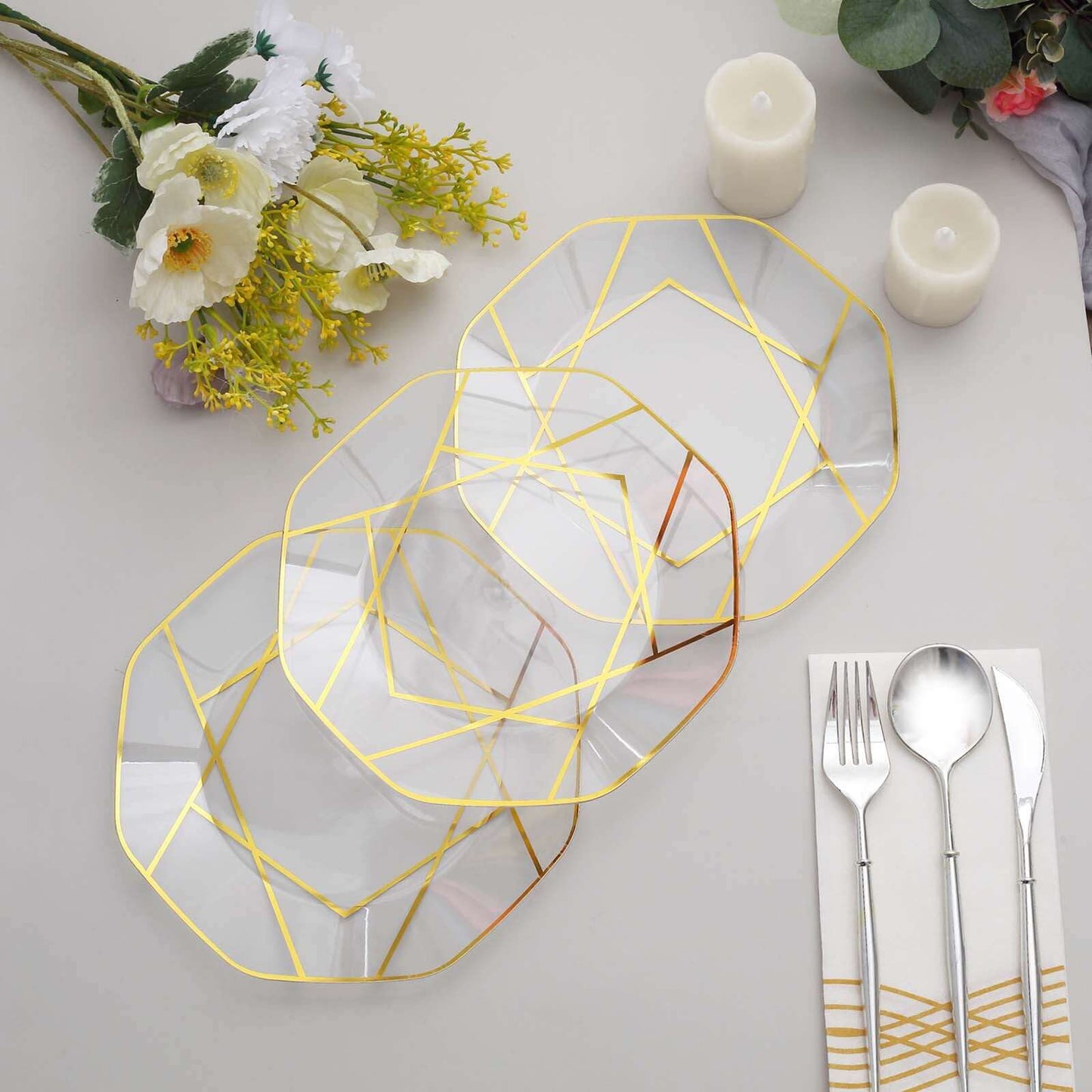 10-Pack Plastic 8" Octagon Dessert Plates in Clear - Modern Disposable Salad/Appetizer Plates with Gold Geometric Design for Special Occasions & Celebrations