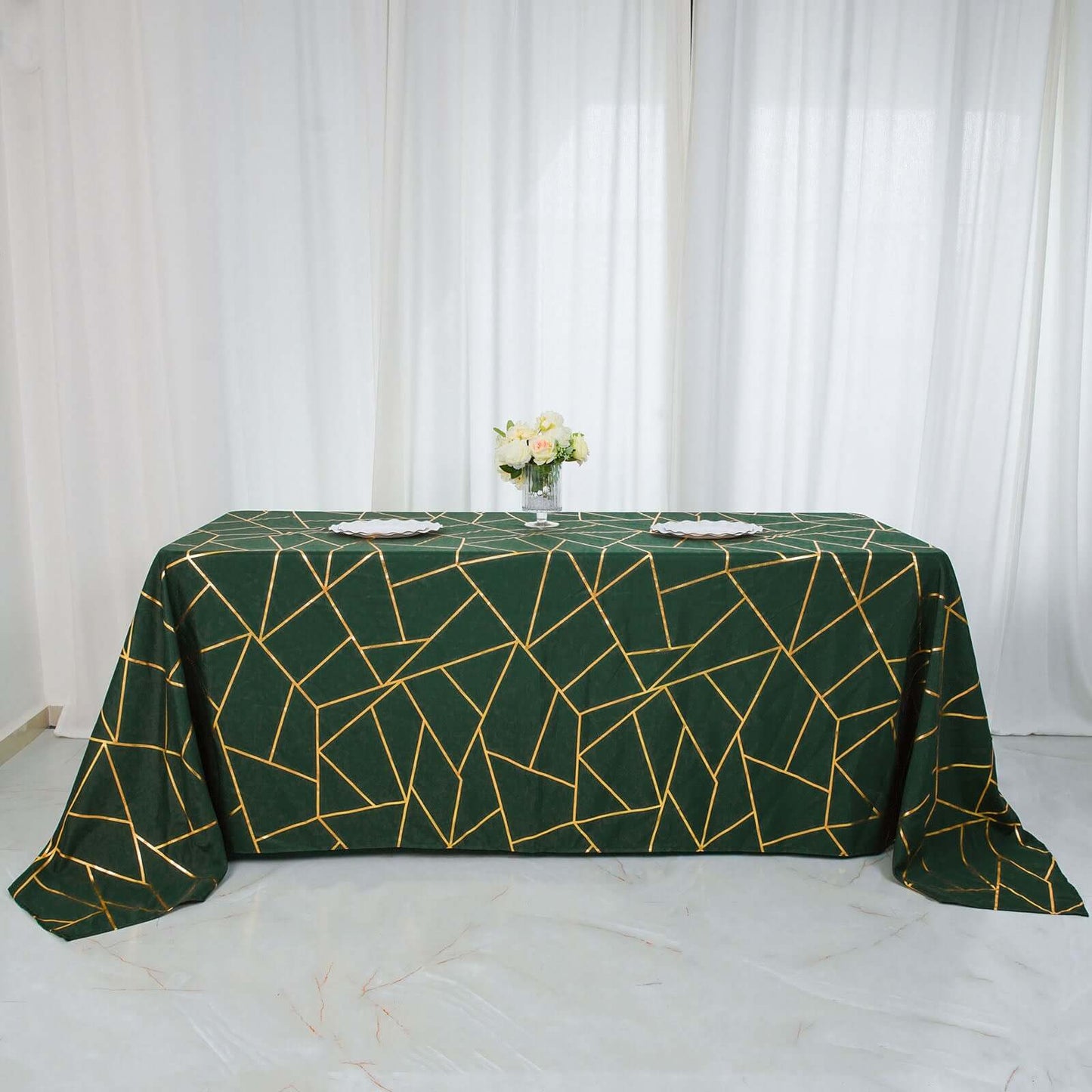 Polyester 90"x156" Rectangle Tablecloth Hunter Emerald Green Seamless with Gold Foil Geometric Pattern - Wrinkle-Resistant Seamless Table Cover for Sophisticated Events