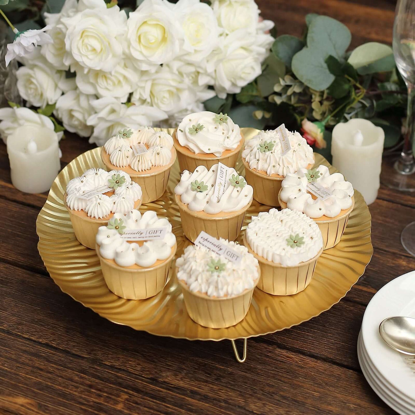 Metal Round Serving Tray 12" in Gold Floral Pattern with Wavy Rim, Pedestal Dessert Display with Hairpin Legs