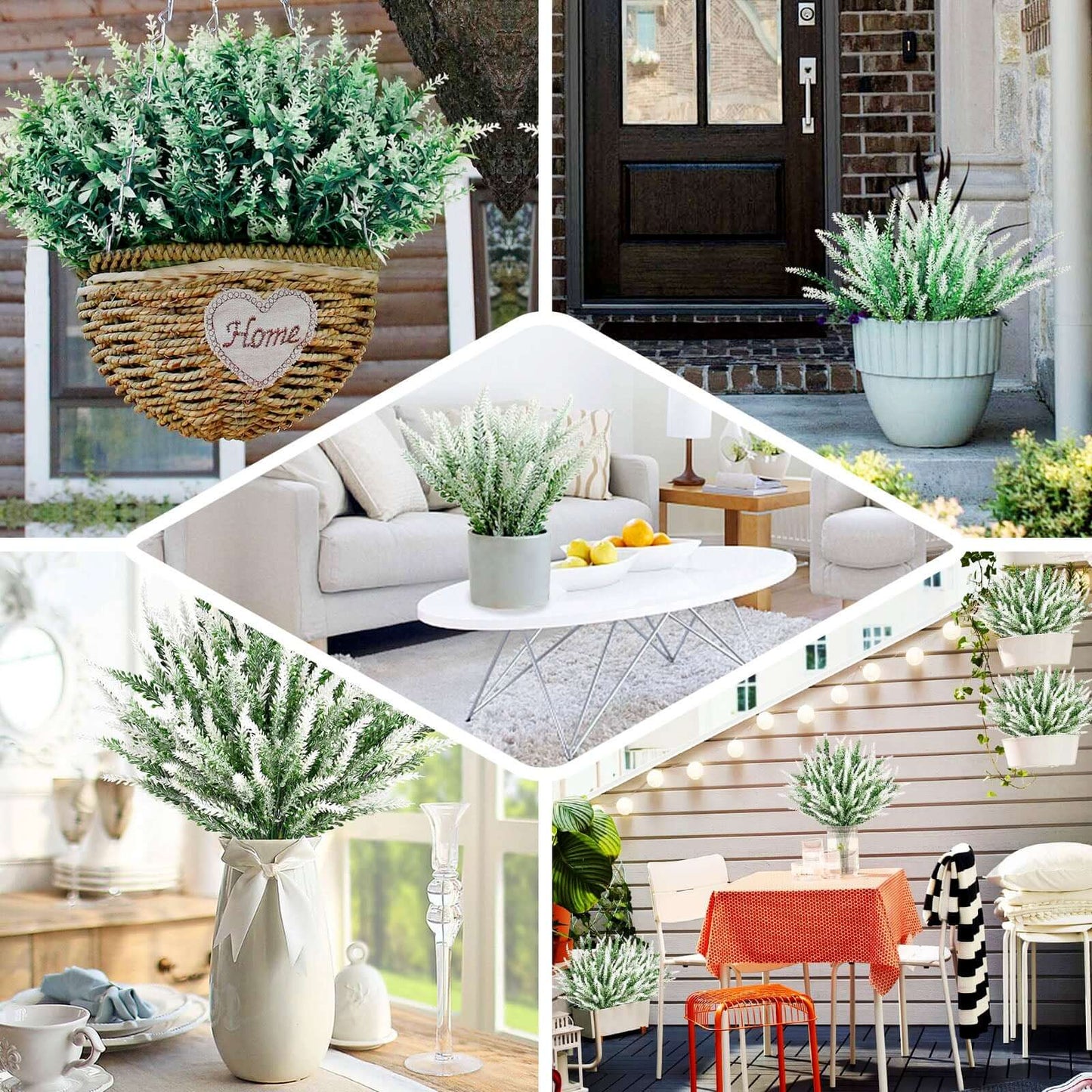 4 Bushes 14" Green White Artificial Lavender Flower Plant Stems Greenery