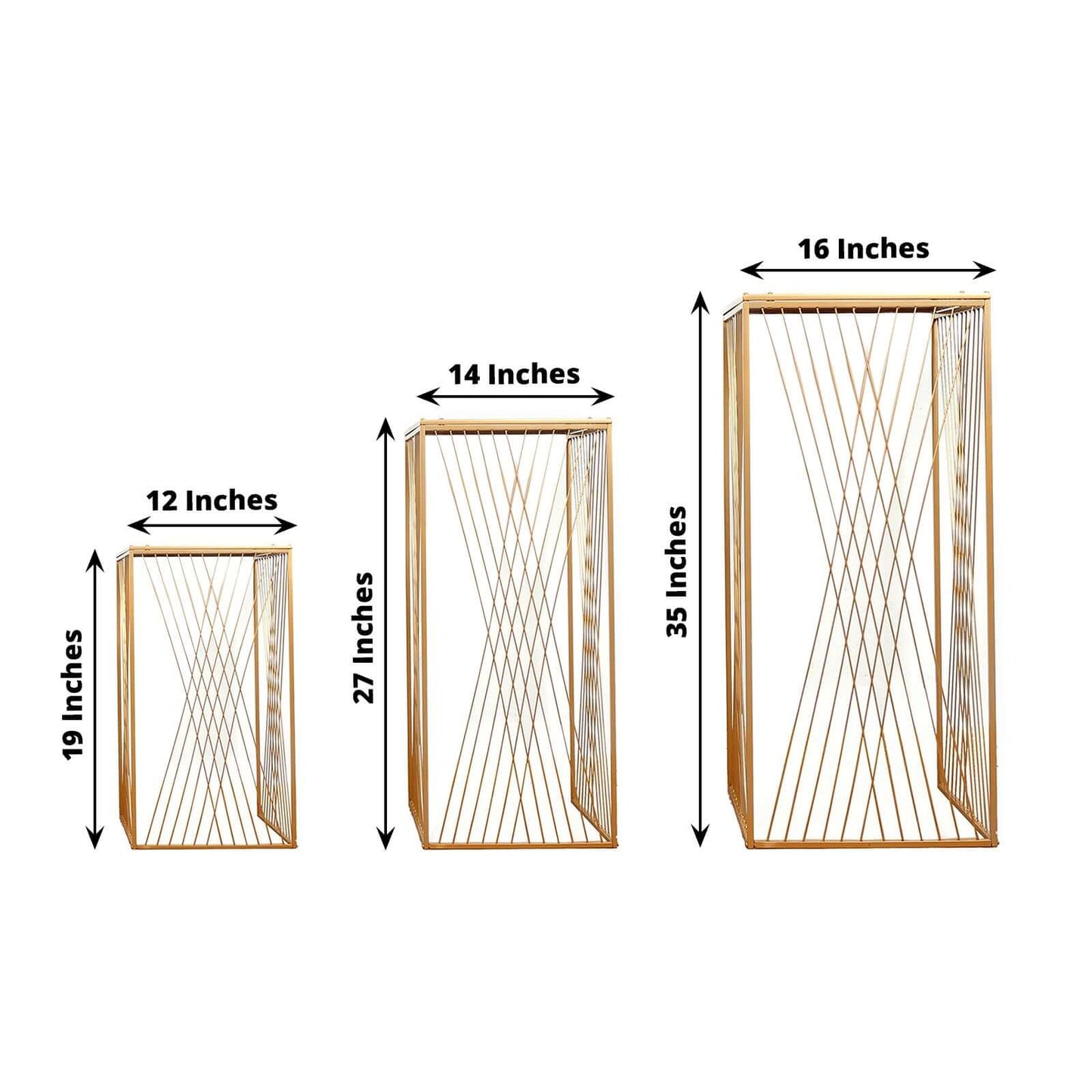 Set of 3 Gold Metal Rectangular Plant Stands with Geometric Crossed Lines Pattern, Nesting Cake Dessert Tables Floral Display Stands - 19",27",35"