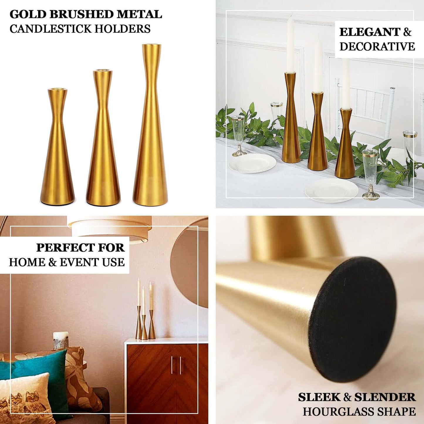 Set of 3 Hourglass Taper Candle Holders Gold Metal Nordic European Design - Tabletop Decor 8", 9", 11"