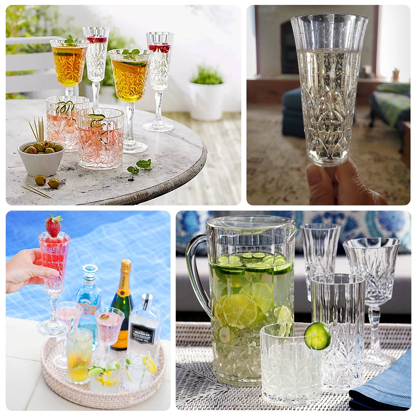 6 Pack 6oz Shatterproof Plastic Champagne Flutes with Embossed Leaf Pattern, Clear Reusable Cocktail Wine Glasses - 8.5"