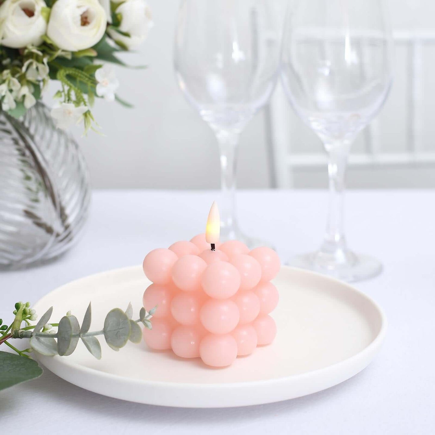 2-Pack LED Flameless Cube Candles Flickering Warm White Blush - Battery Operated Bubble Design 2"