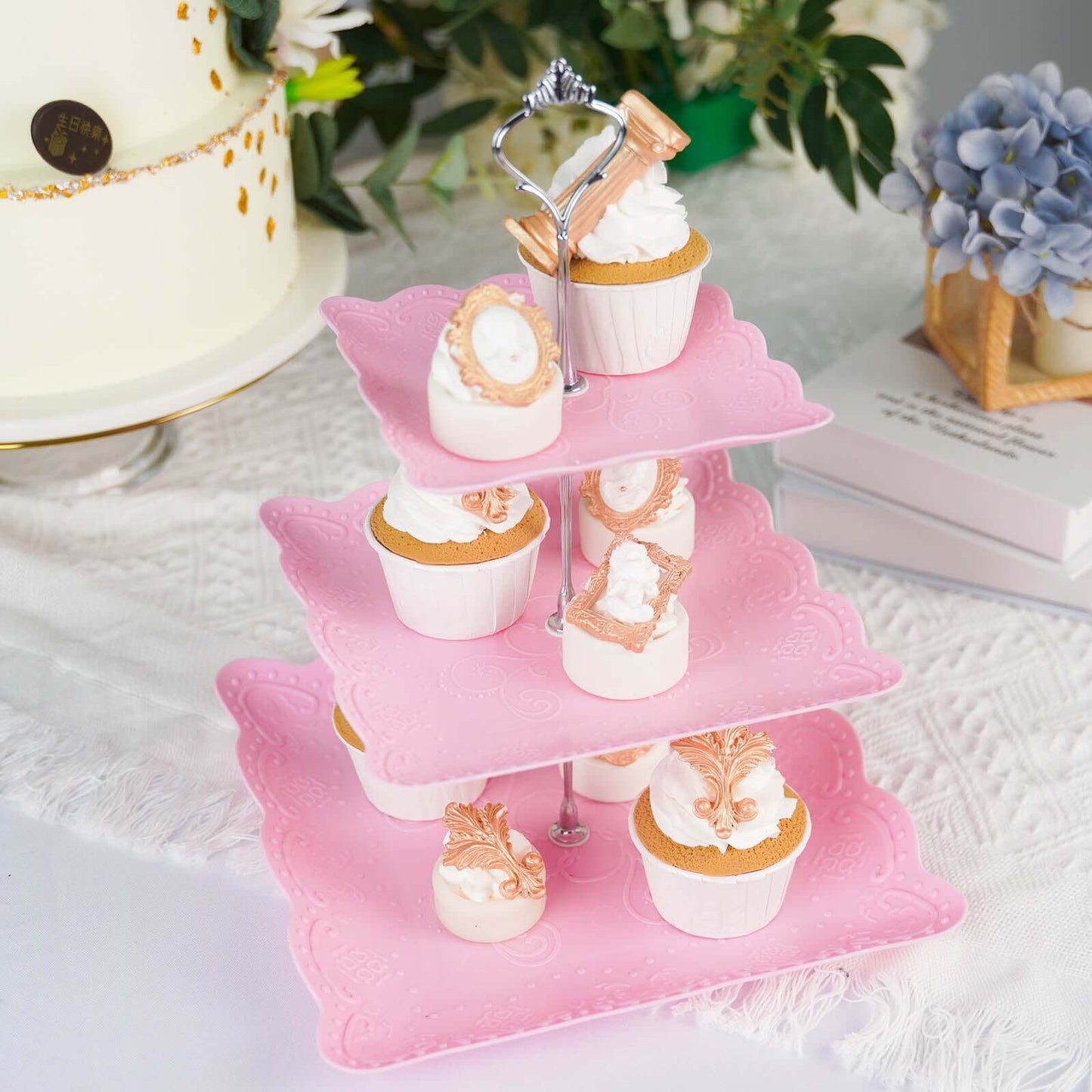 3-Tier Plastic Square Cupcake Stand Tower Pink - Charming Easy to Assemble Dessert Display Serving Tray Platter with Floral Embossed Scalloped Rim & Silver Handle for Tea Parties Weddings & Special Occasions 13"