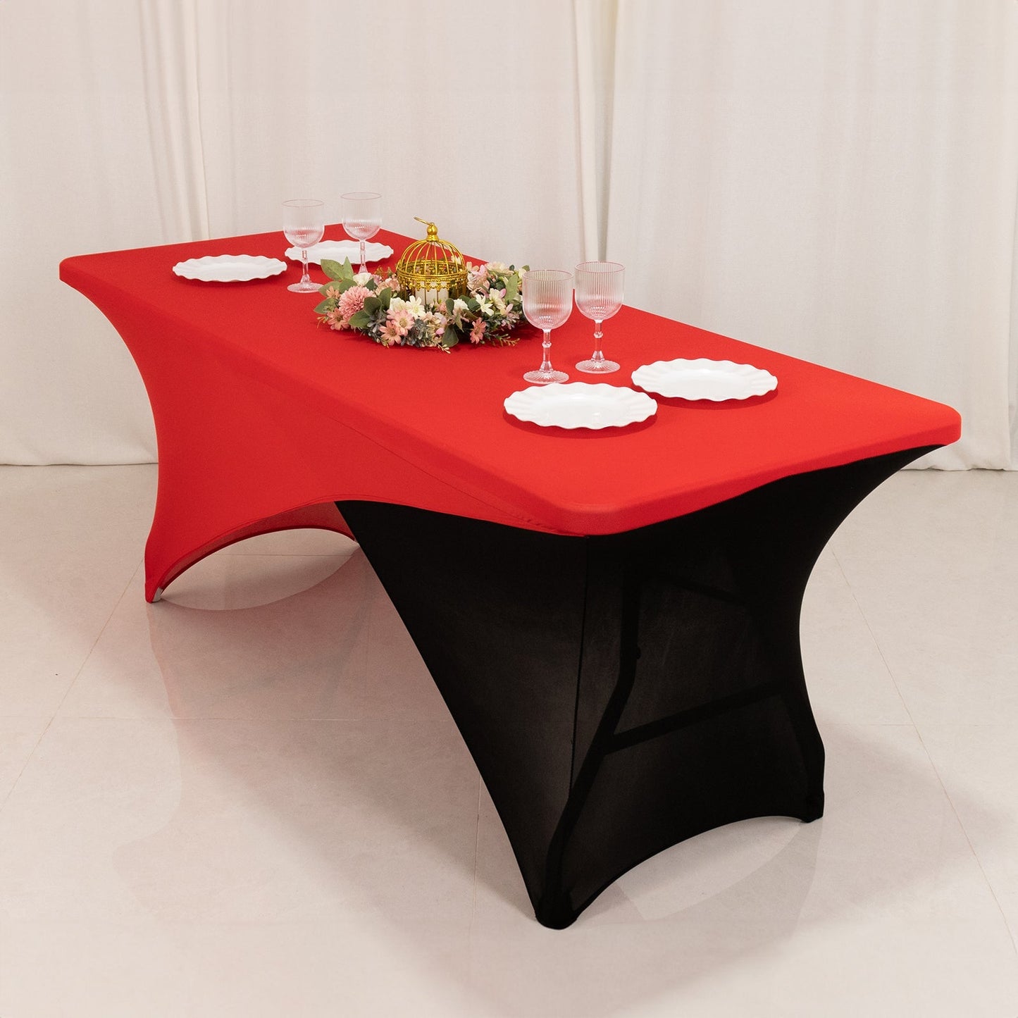 Stretch Spandex 72"x30" Rectangle Table Cover Red/Black Cross Over Design - Two-Piece Fitted Tablecloth with Elastic Foot Pockets