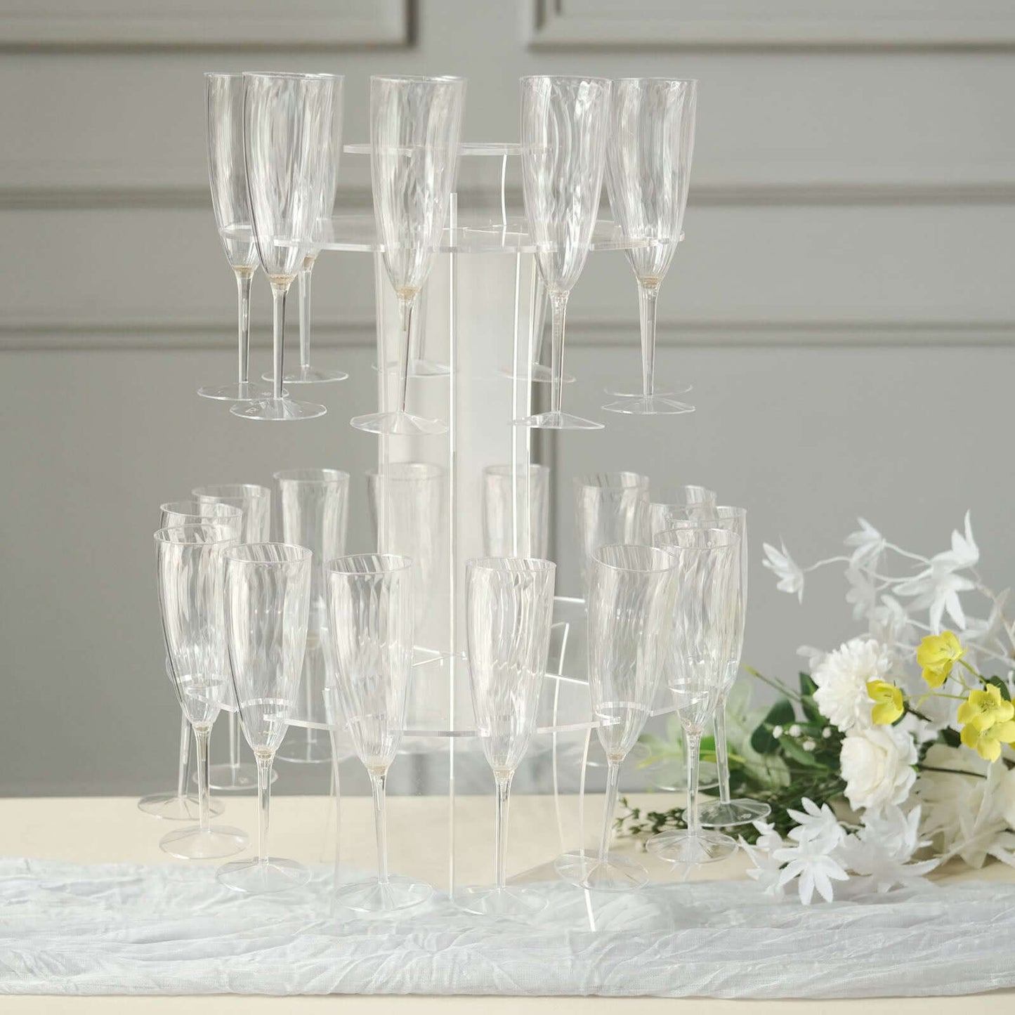 3-Tier Round Champagne Glass Holder Tower Clear Acrylic + 1 Bottle for Professional & Home Use 21"
