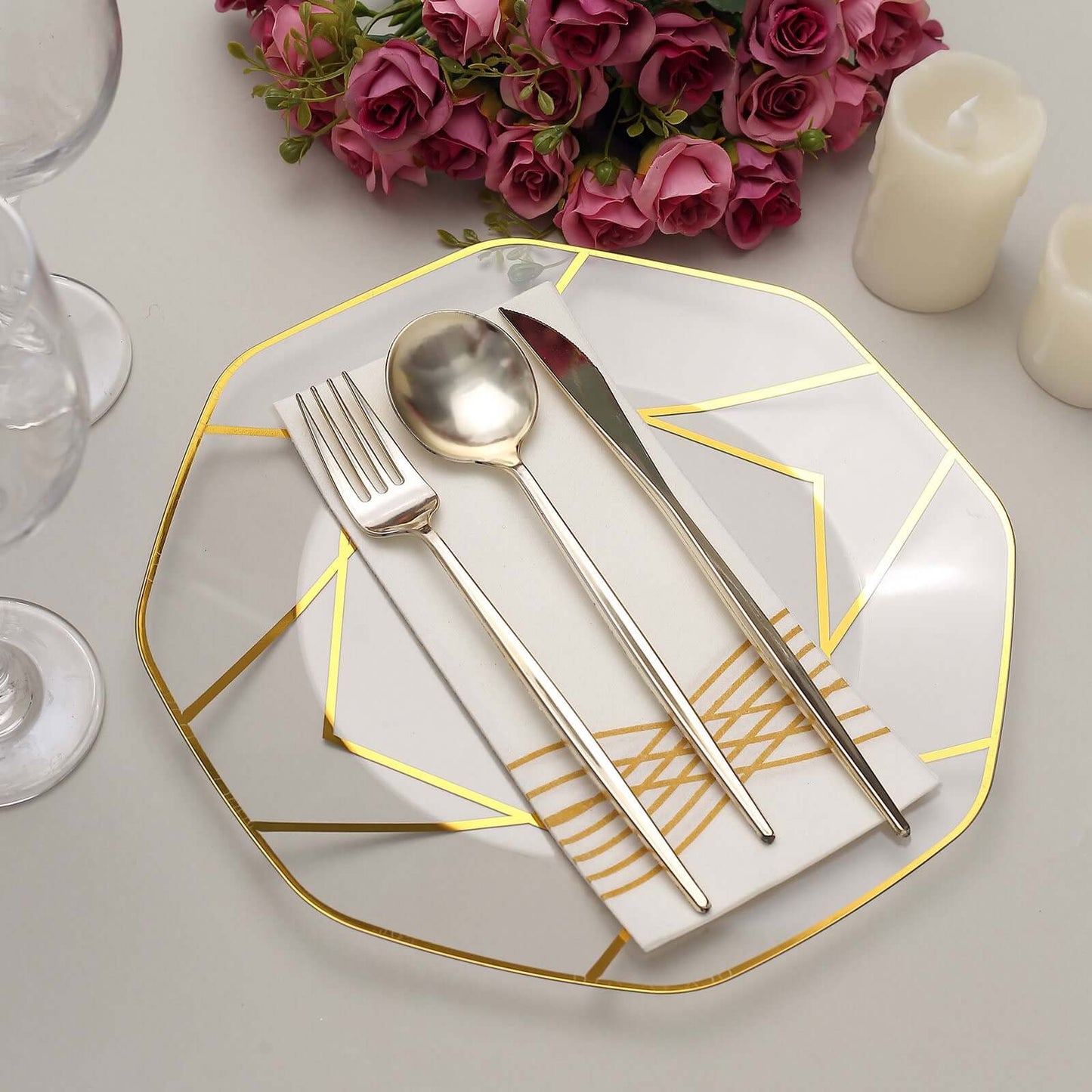 10-Pack Plastic 10" Octagon Dinner Plates in Clear - Modern Disposable Party Plates with Gold Geometric Design for Special Occasions & Celebrations