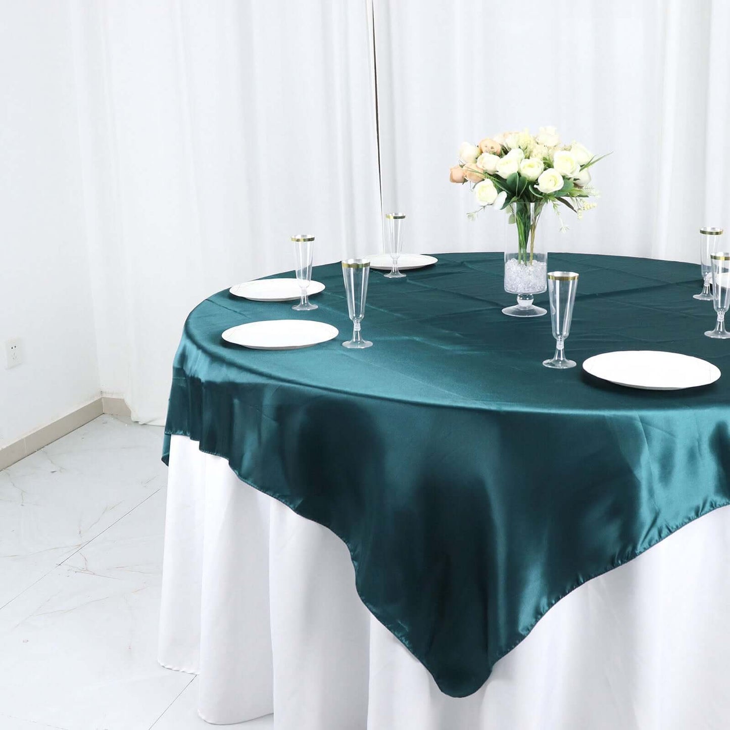 Satin 72"x72" Table Overlay Square Tablecloth Peacock Teal - Smooth Finish Table Cover