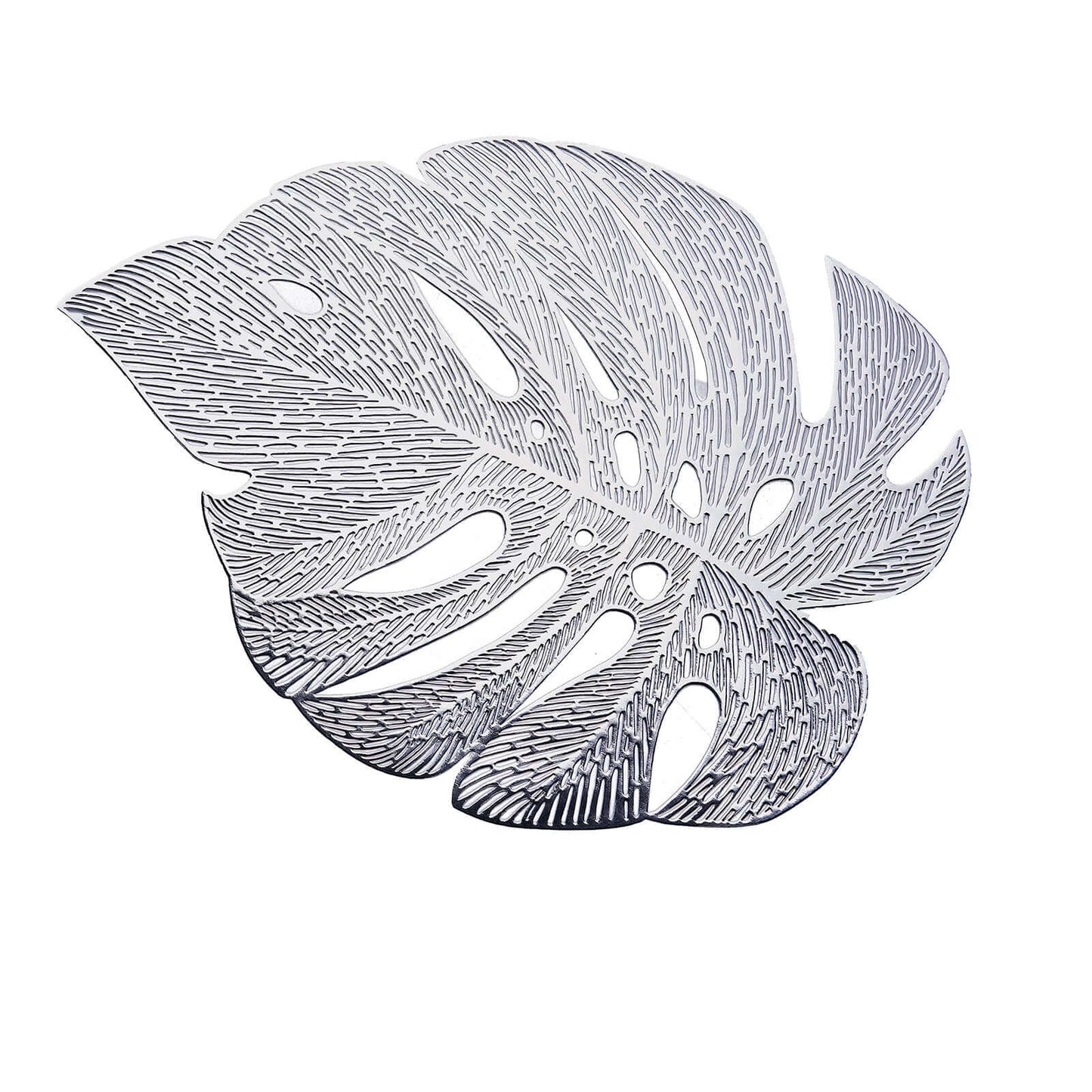 6-Pack Dining Table Mats Monstera Leaf Design Silver - Vinyl Non-Slip Surface for Tropical Themes 18"