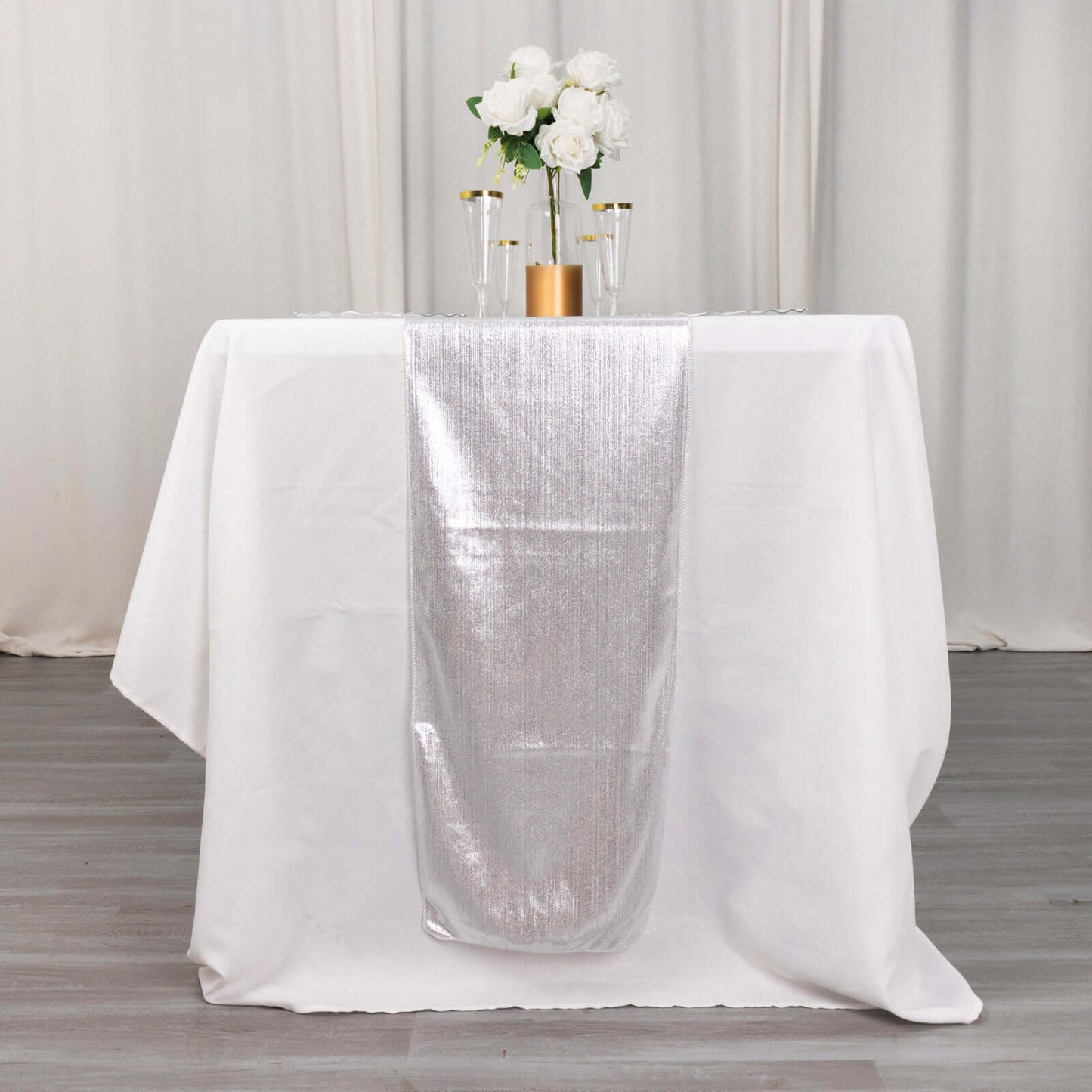 Polyester 12"x108" Table Runner Silver Shimmer Sequin Dots - Wrinkle-Free Finish Table Linen