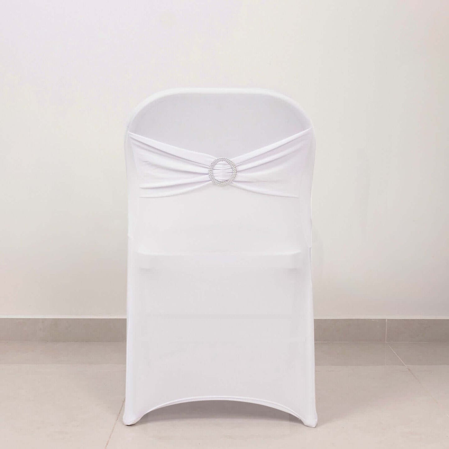 Stretch Spandex Chair Cover White for Folding Chairs - Enhanced Style & Secure Fit Slipcover with Stunning Silver Rhinestone Buckled Sash Band