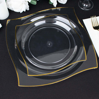 10-Pack Plastic 10" Square Dinner Plates in Clear with Gold Wavy Rim Modern - Disposable Party Plates
