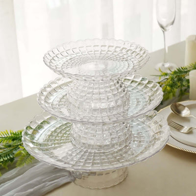 Set of 3 Plastic Cupcake Stands Clear Pressed Glass Pattern - Modern Stackable & Reusable Cake Dessert Pedestal Display Holders with Scalloped Edges 8", 10", 12"