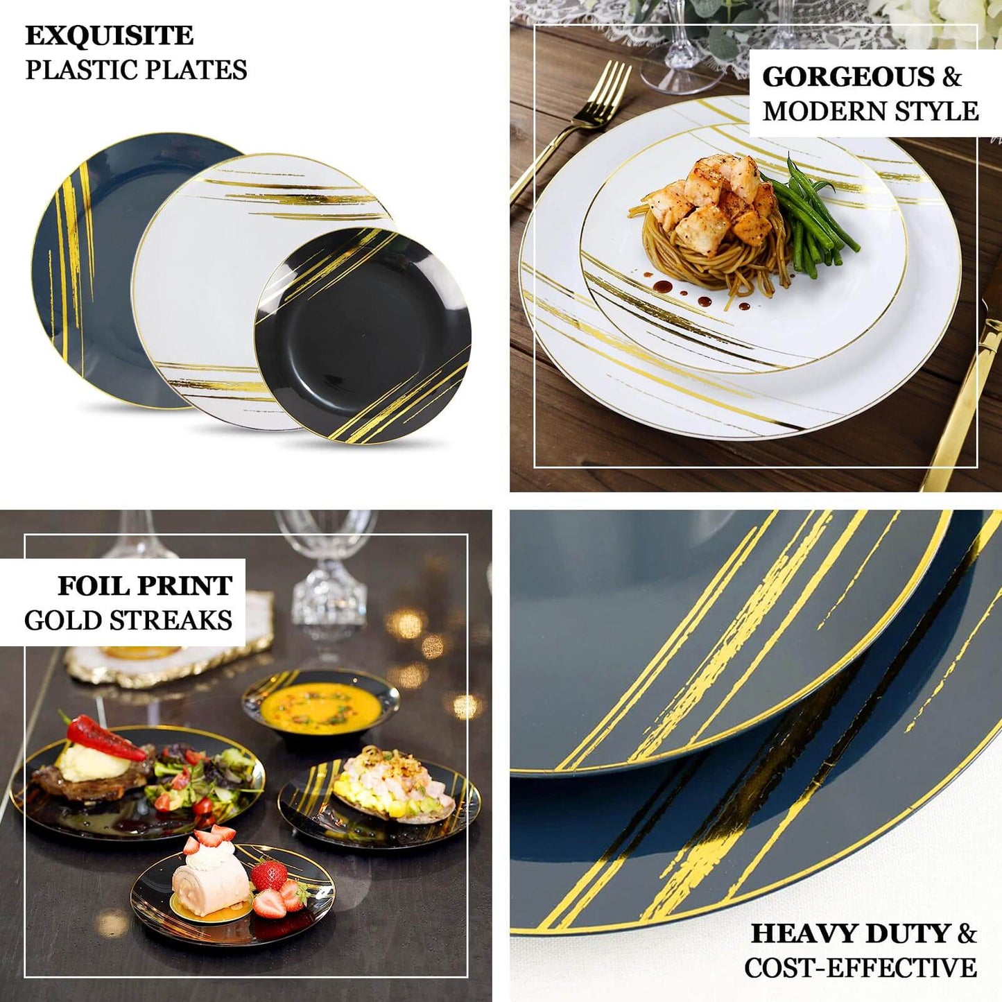 10-Pack Plastic 10" Round Dinner Plates in White with Gold Brush Stroked Print - Disposable Party Dinnerware for Modern Themed Events & Banquets