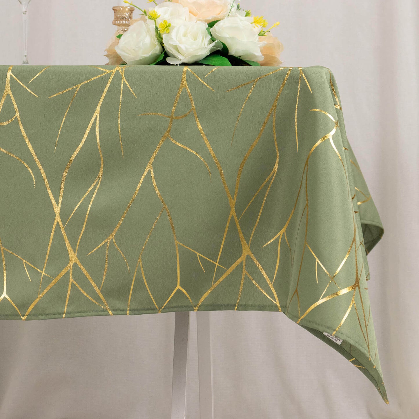 Polyester 54"x54" Square Tablecloth Dusty Sage Green with Gold Foil Tree Branch Pattern - Wrinkle-Resistant & Durable Table Cover