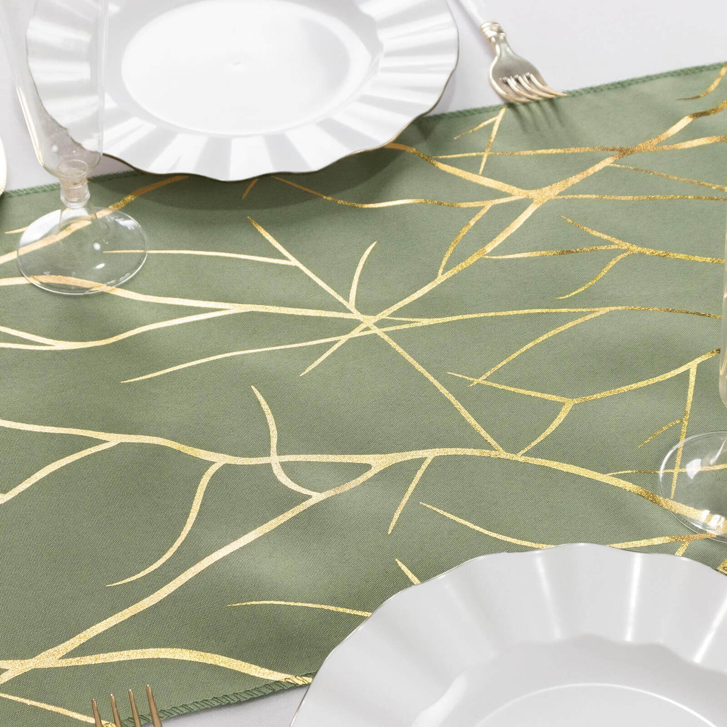 Polyester 9ft Table Runner Dusty Sage Green with Gold Foil Tree Branch Pattern - Stylish Table Linen