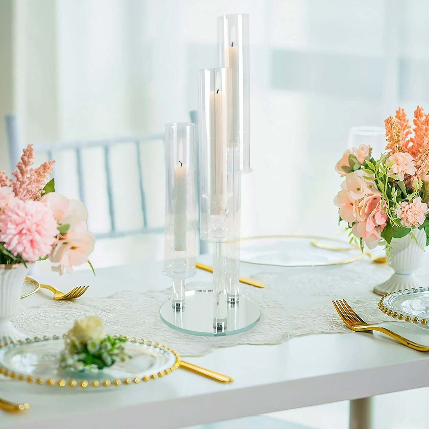 3-Arm Round Crystal Glass Candelabra Clear Taper Design - Sophisticated Pillar Candle Holder Table Centerpiece for Weddings 23"