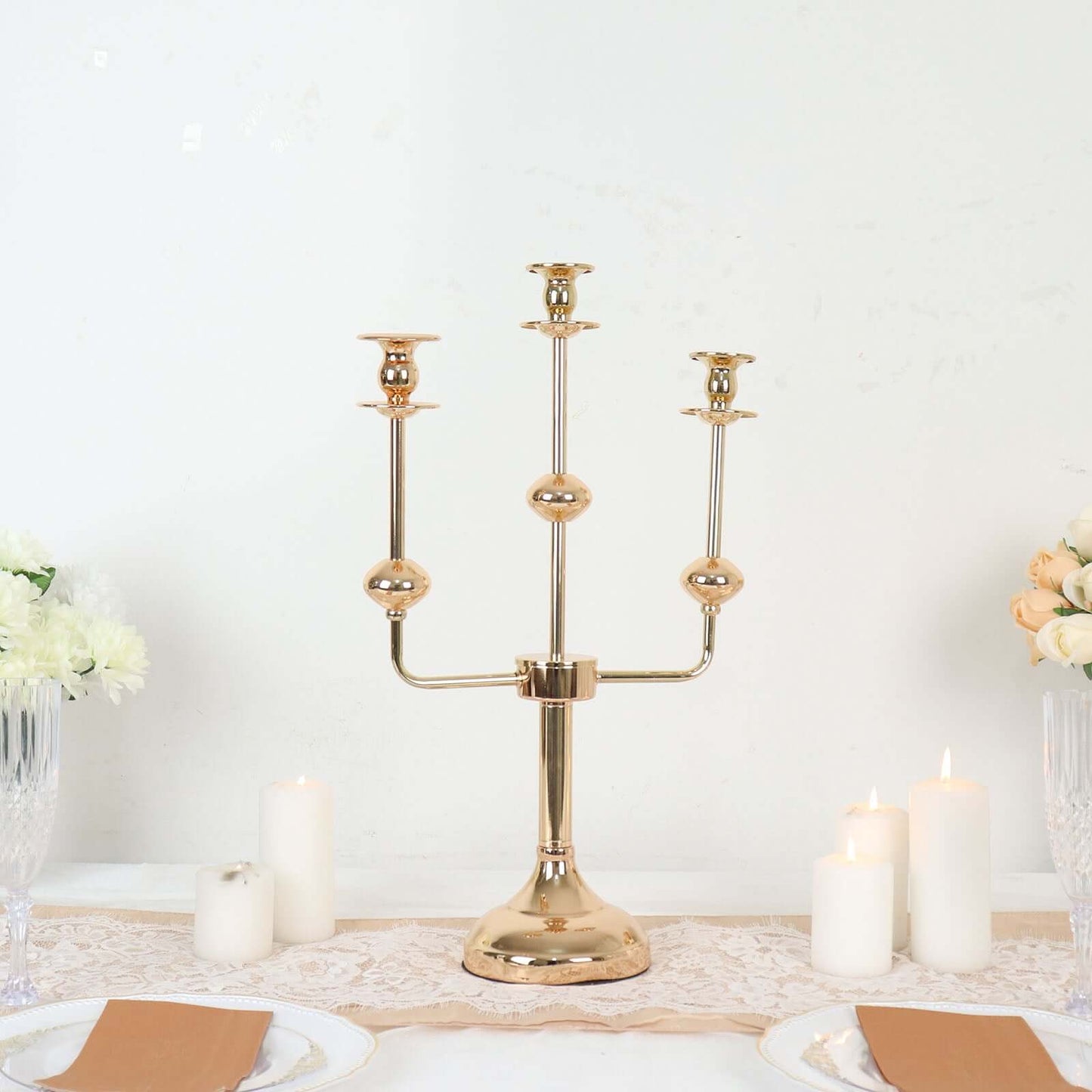 3-Arm Taper Candelabra Candle Holder Stand Gold Metal Wedding Centerpiece - Decorative Display 20"