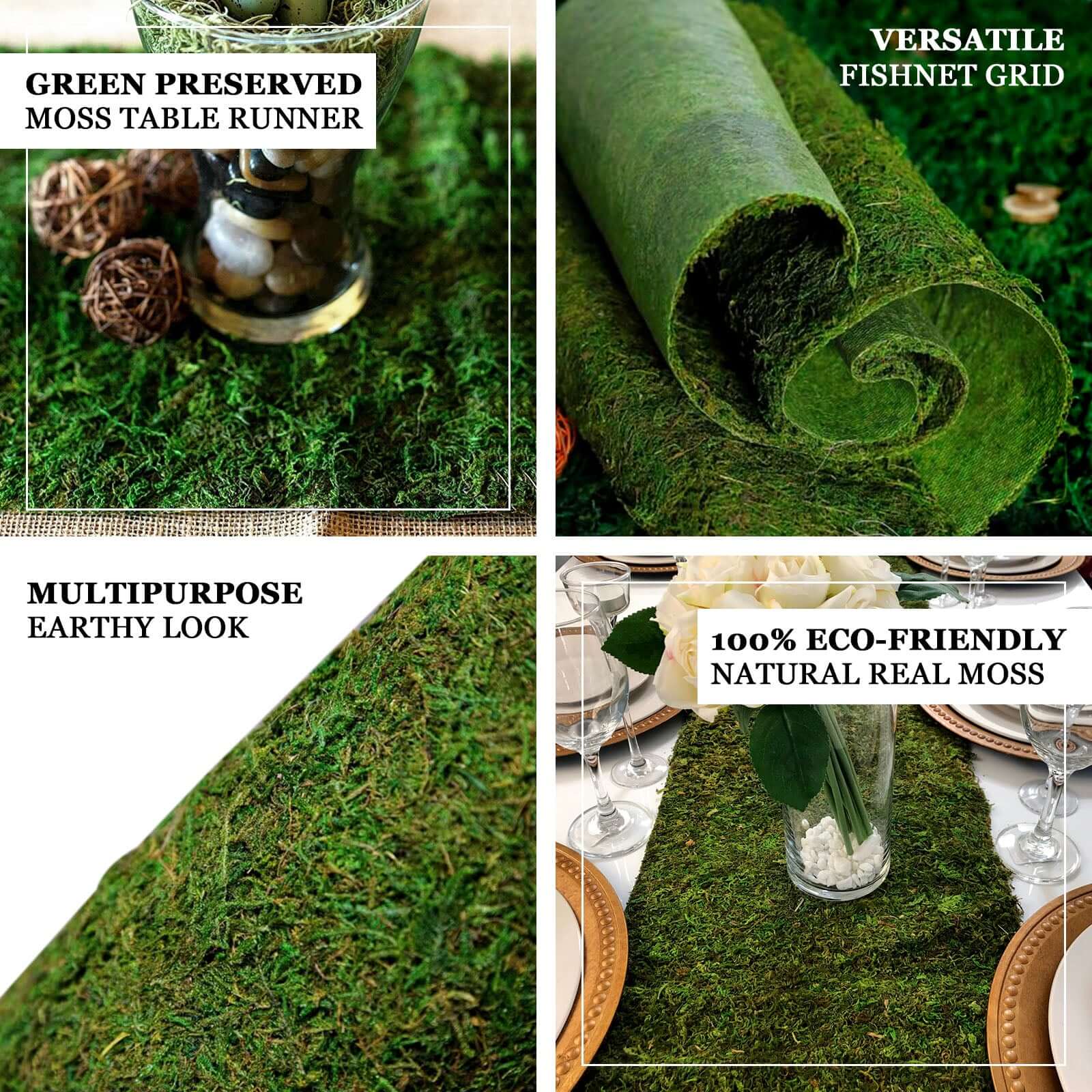 Moss 14"x48" Table Runner Green - Natural Preserved Design with Fishnet Grid for Unique Events - Linen Luxes