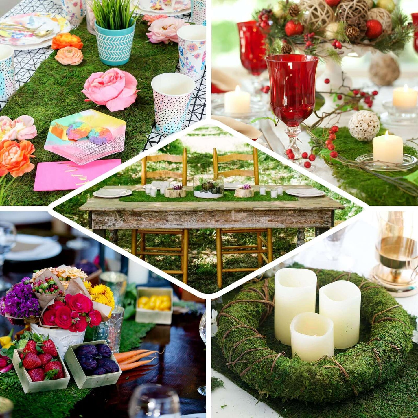 Moss 14"x48" Table Runner Green - Natural Preserved Design with Fishnet Grid for Unique Events - Linen Luxes