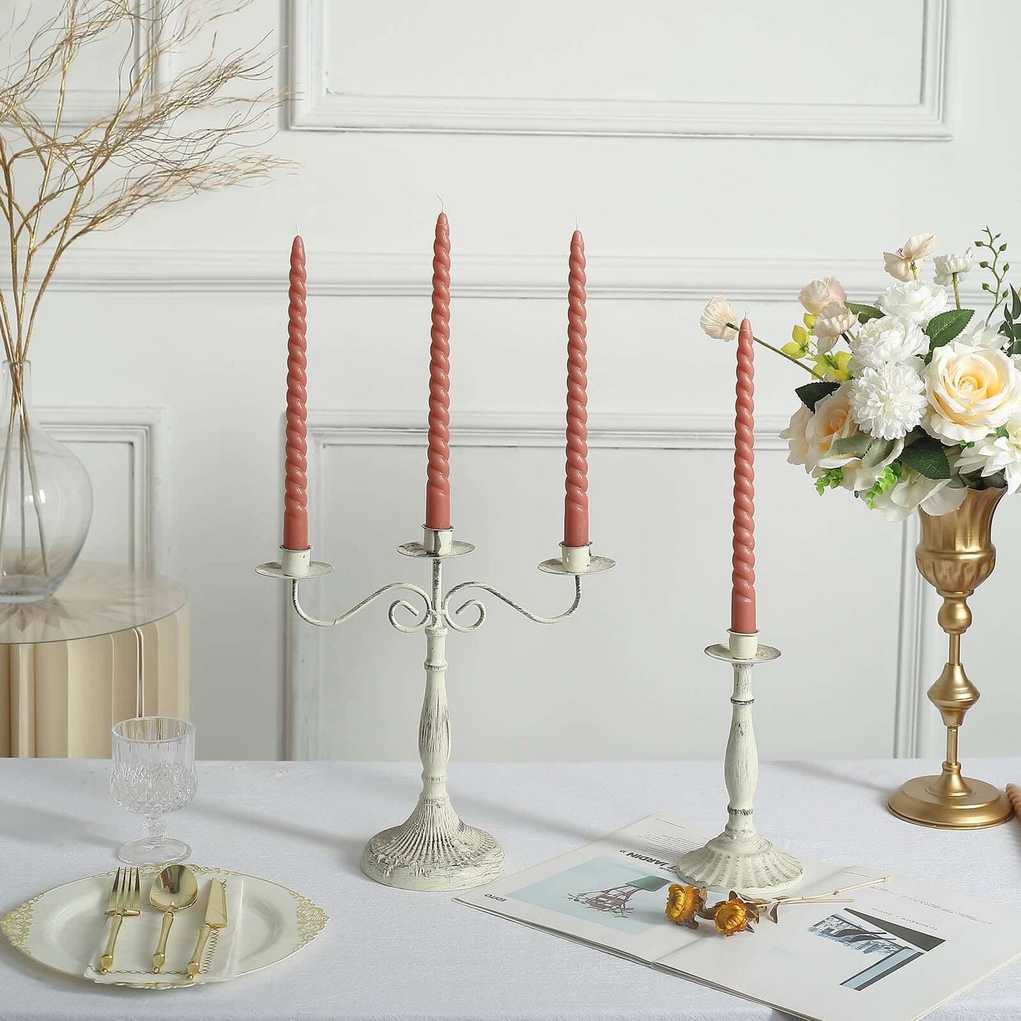 12-Pack Taper Candles Spiral Long Burn Wick Design Dark Nude - Premium Unscented Wax Dinner Candle Sticks 11"